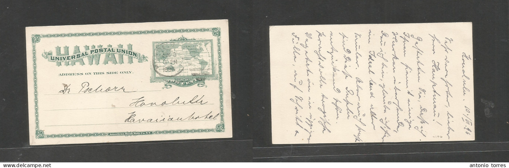 Usa - Hawaii. 1896 (10 June) Honolulu 2c Green Stationary Card On Local Long Private Text Message Usage. Fine. - Other & Unclassified