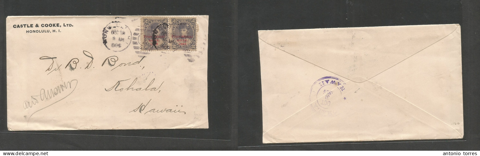 Usa - Hawaii. 1896 (30 Oct) Honolulu - Kohala (31 Oct) Local Comercial Fkd Envelope, Ovptd Red Provisional Usage, 2c Pai - Autres & Non Classés