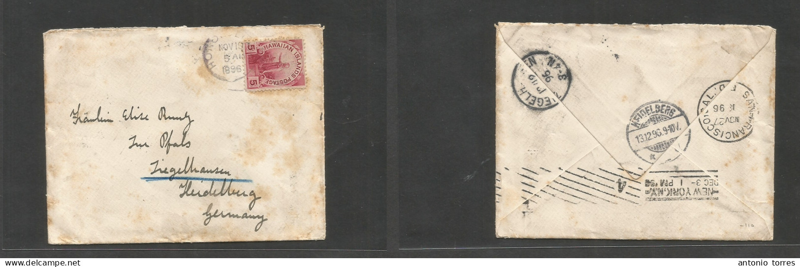 Usa - Hawaii. 1896 (19 Nov) Honolulu - Germany, Heidelberg (13 Dec) 5c Red Fkd Env Via S. Fco - NY. - Otros & Sin Clasificación