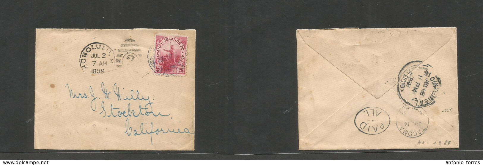 Usa - Hawaii. 1899 (1 July) Kauai - USA, CA, Stockton (18 July) 5c Red Fkd Env, Tied Small Village Cds Via Honolulu (2 J - Other & Unclassified