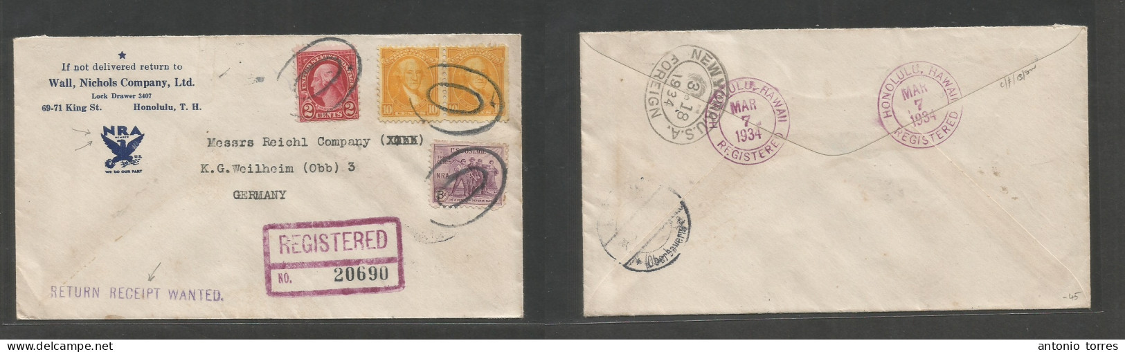 Usa - Hawaii. 1934 (7 March) Honolulu - Germany, Weilheim. Registered AR Comercial Multifkd NRA Number Envelope At 25c R - Sonstige & Ohne Zuordnung