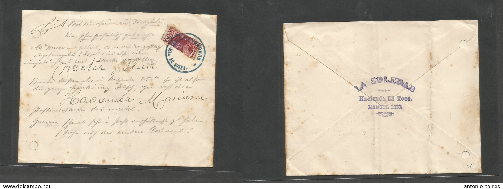 Venezuela. C. 1907, Hacienda El Toco, Guacara - Hacienda Mariana. Local Fkd Envelope 10c Lilac Vert Bisected, Tied Viole - Venezuela