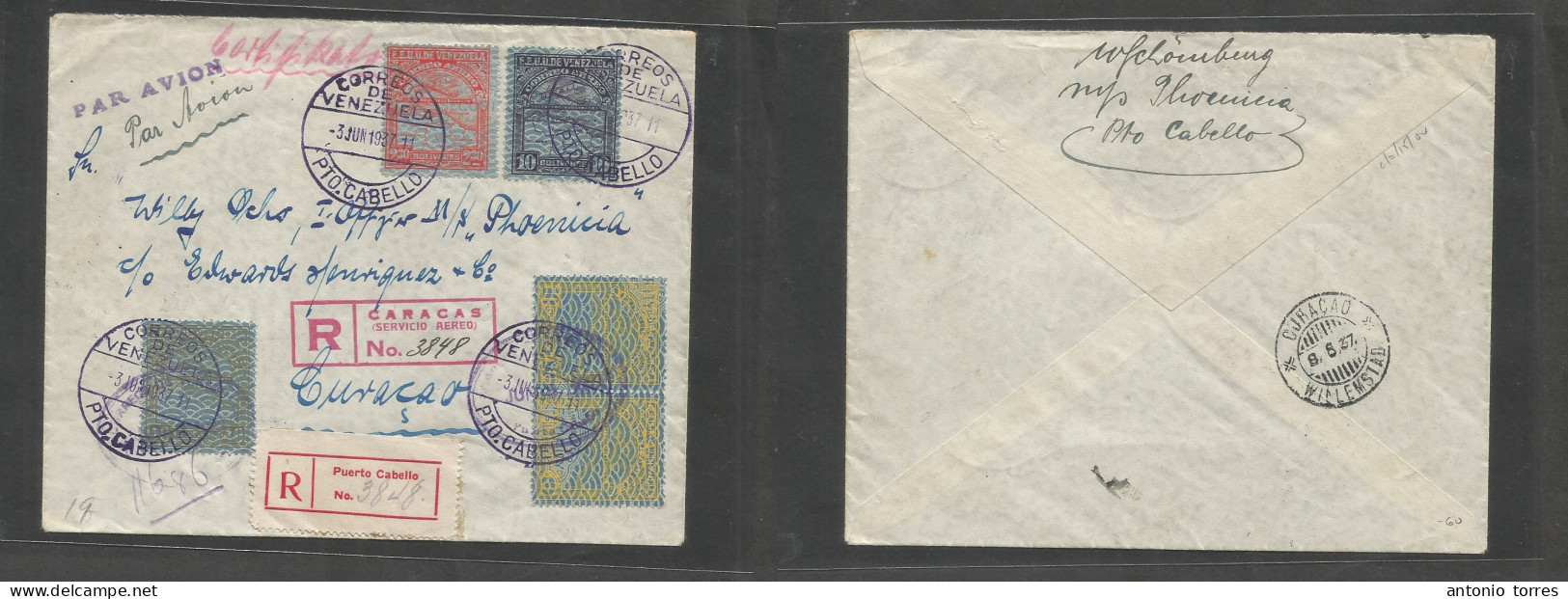 Venezuela. 1937 (3 June) Puerto Cabello - Curaçao, Dutch Antillas (8 June) Registered Air Multifkd Env + R Label + Cache - Venezuela