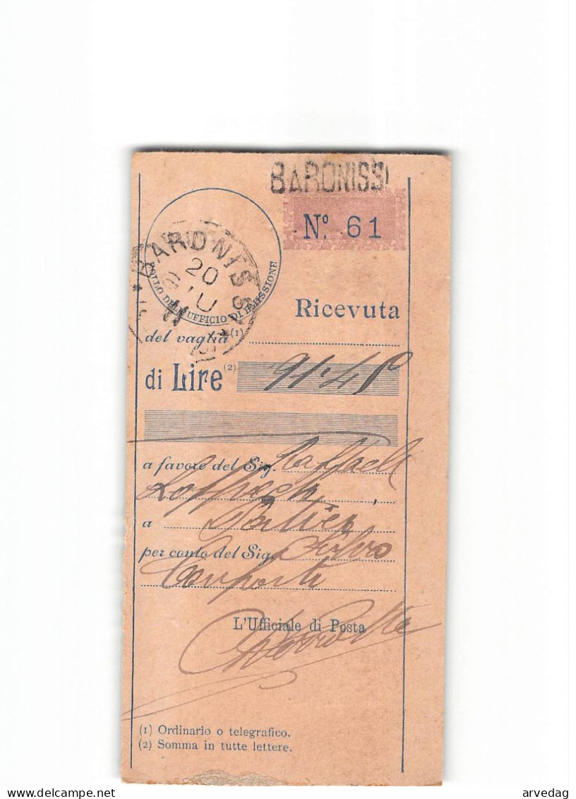 X1293  RICEVUTA VAGLIA BARONISSI 1911 - Tax On Money Orders