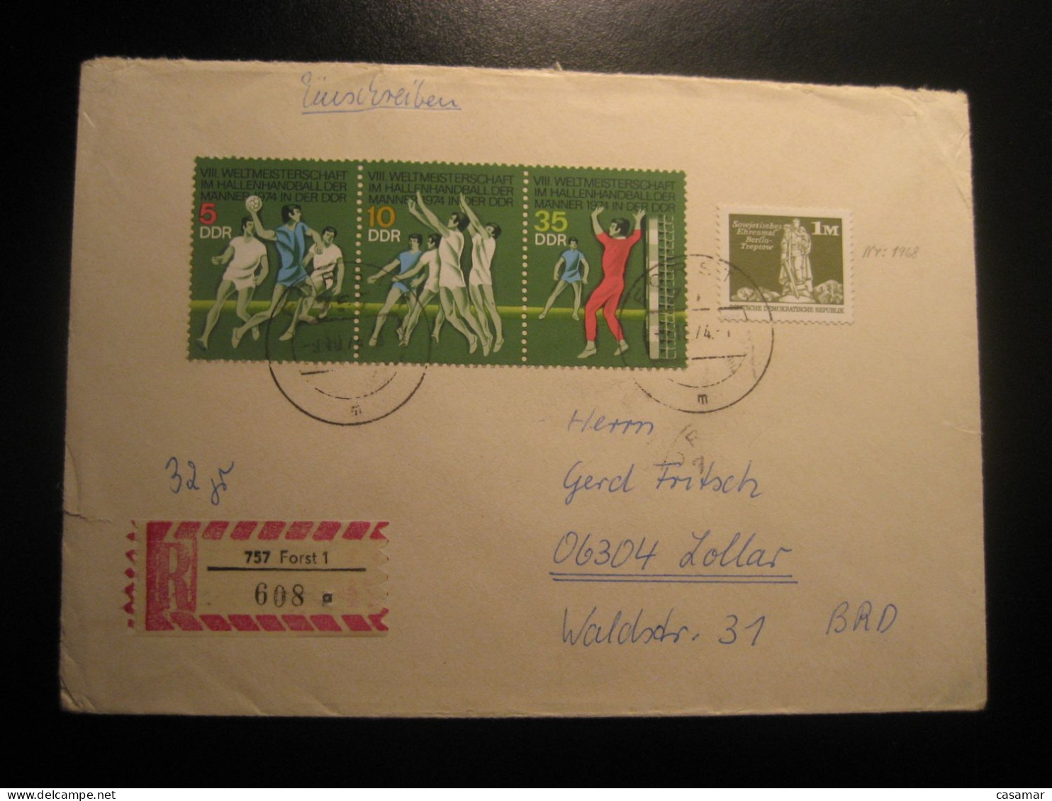 FORST 1974 Handball World Championship Balonmano Stamps On Registered Cover Tauschsendung ZKPH Label DDR GERMANY - Pallamano
