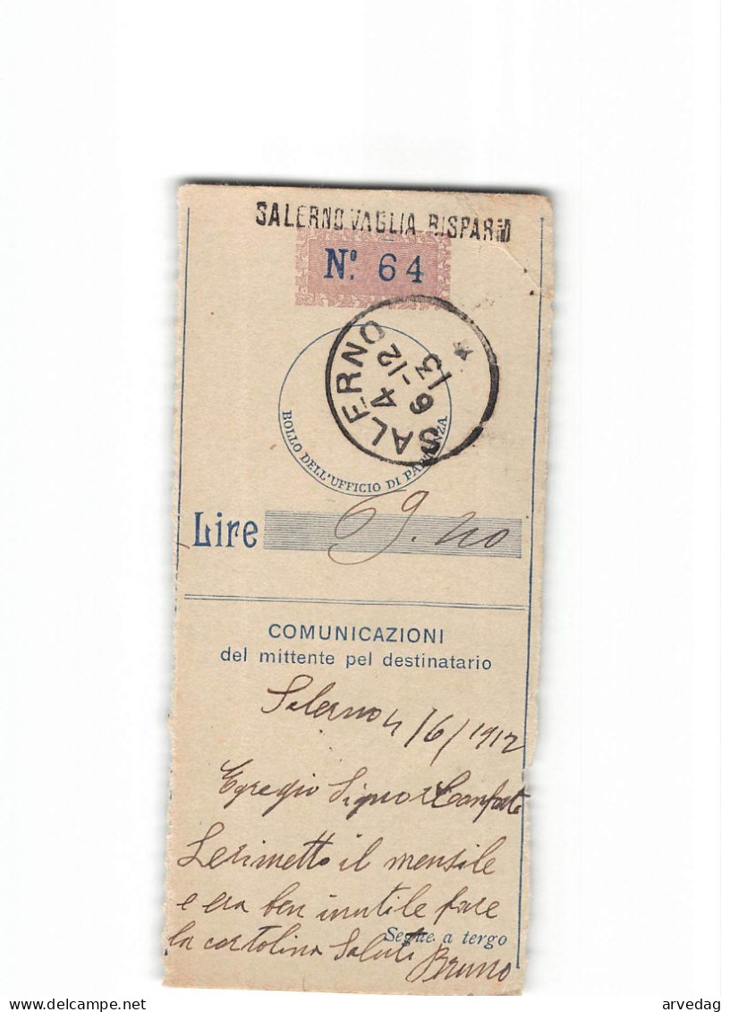 X1294  RICEVUTA VAGLIA SALERNO 1913 - Tax On Money Orders