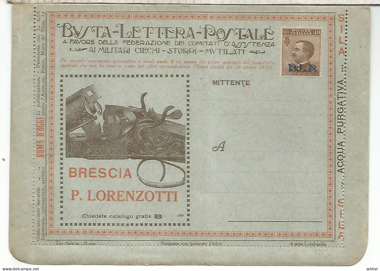 ITALIA BONITA BLP BUSTA LETTEREA POSTALE CON PUBLICIDAD DE AGUA ESCOPETA CAZA ROMA DEPORTES INVIERNO TRANSPORTE SEGUROS - Schieten (Wapens)