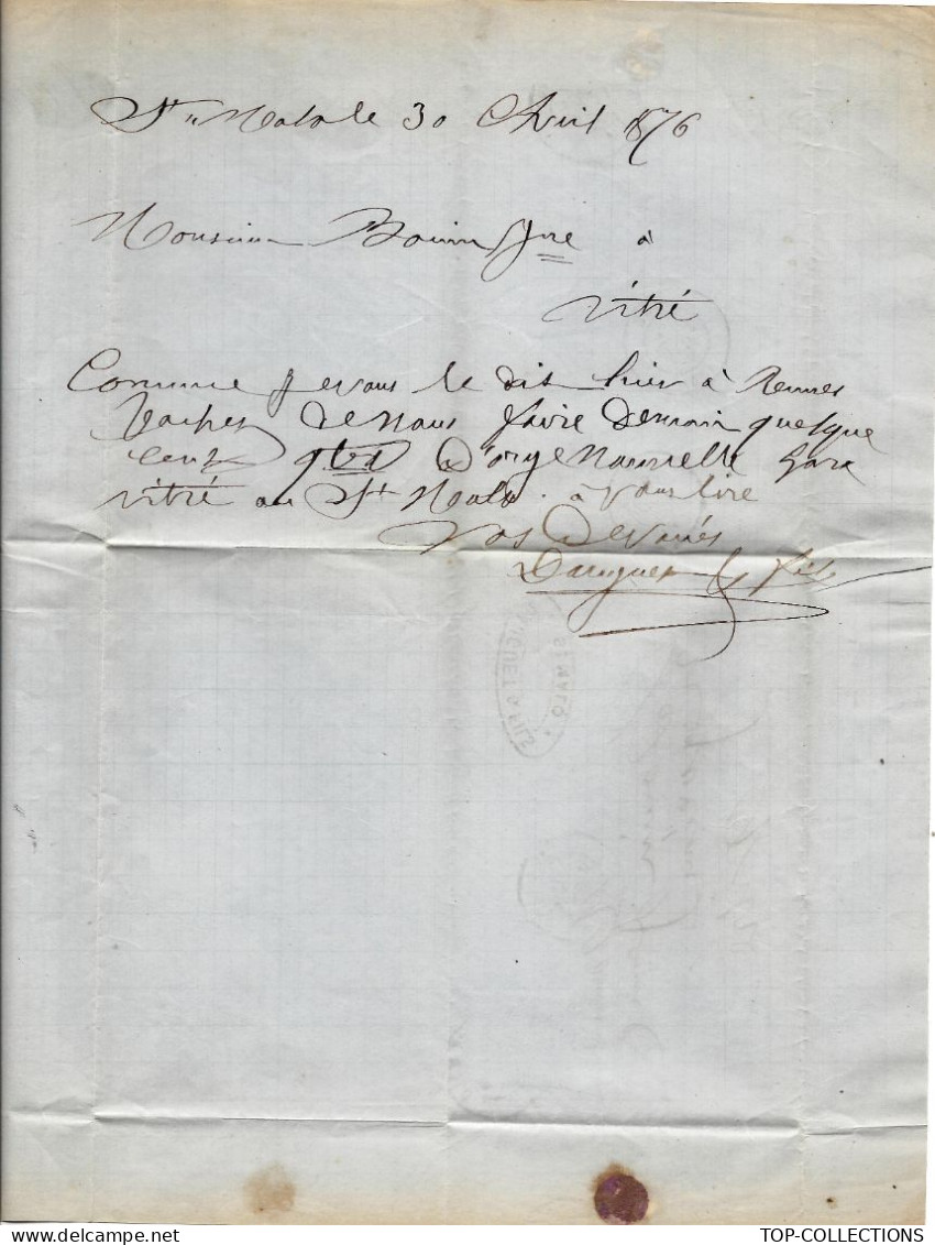 1876 Timbre Cérès Oblitéré LAC St Malo Par Dauguet & Fils > Vitré Ille Et Vilaine Bouin Jeune Négociant  Céréales  Orge - 1849-1876: Klassieke Periode