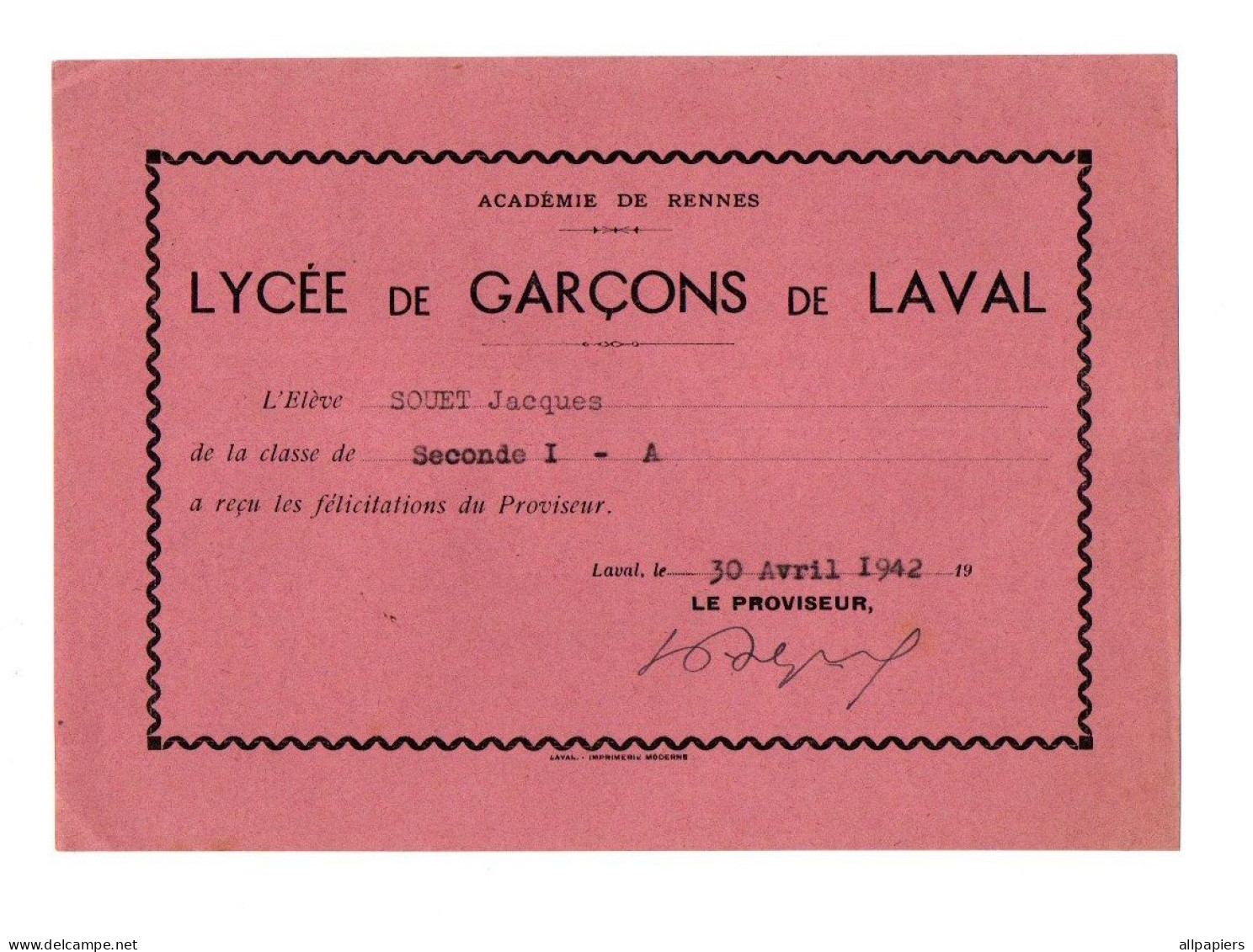 Félicitations Du Proviseur Du Lycée De Garçons De Laval En 1942 - Format : 17.5x12.5 Cm - Diplômes & Bulletins Scolaires