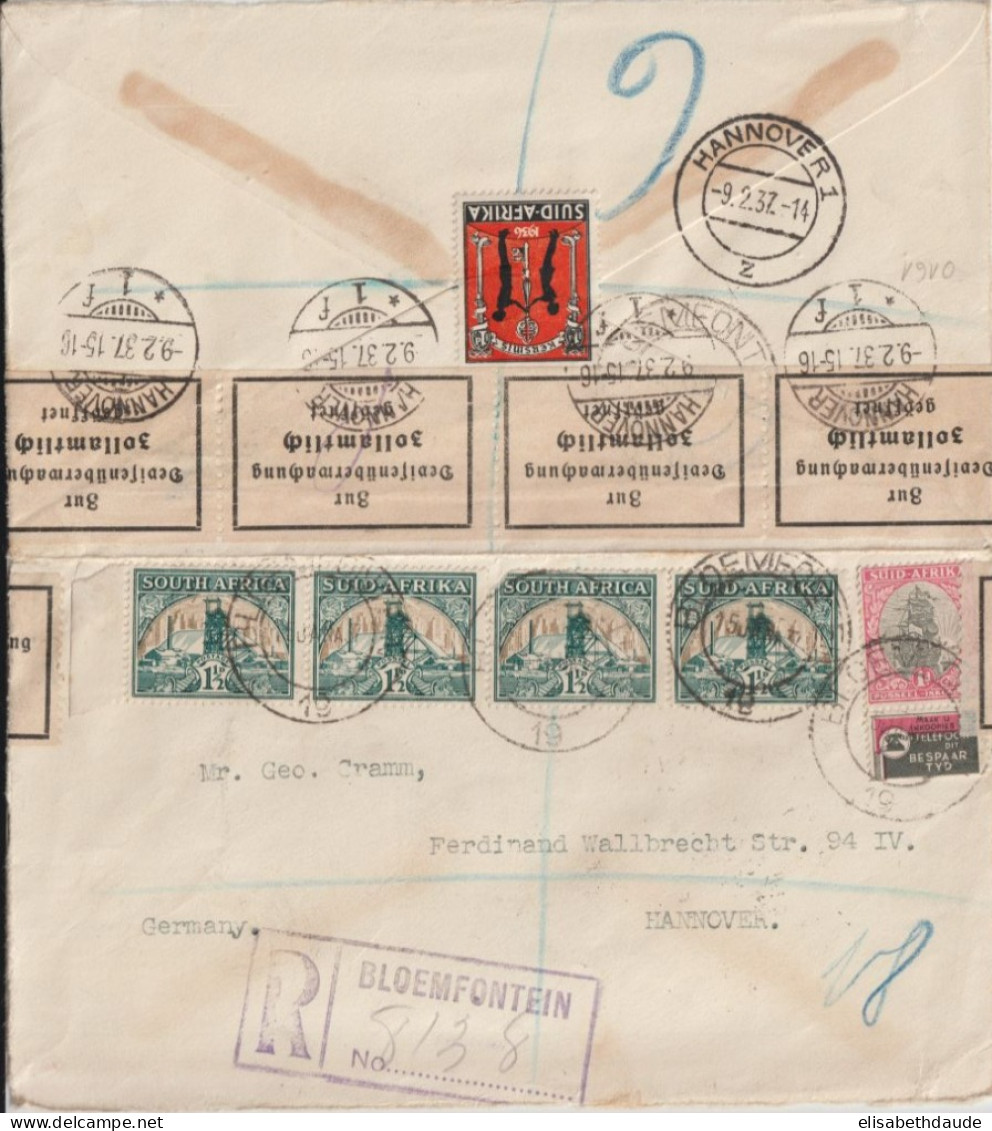 1937 - SUID AFRIKA - VIGNETTE+TIMBRE CARNET PUB (TELEPHONE !) / ENV. RECO De BLOEMFONTEIN => HANNOVER + CONTROLE DEVISES - Briefe U. Dokumente