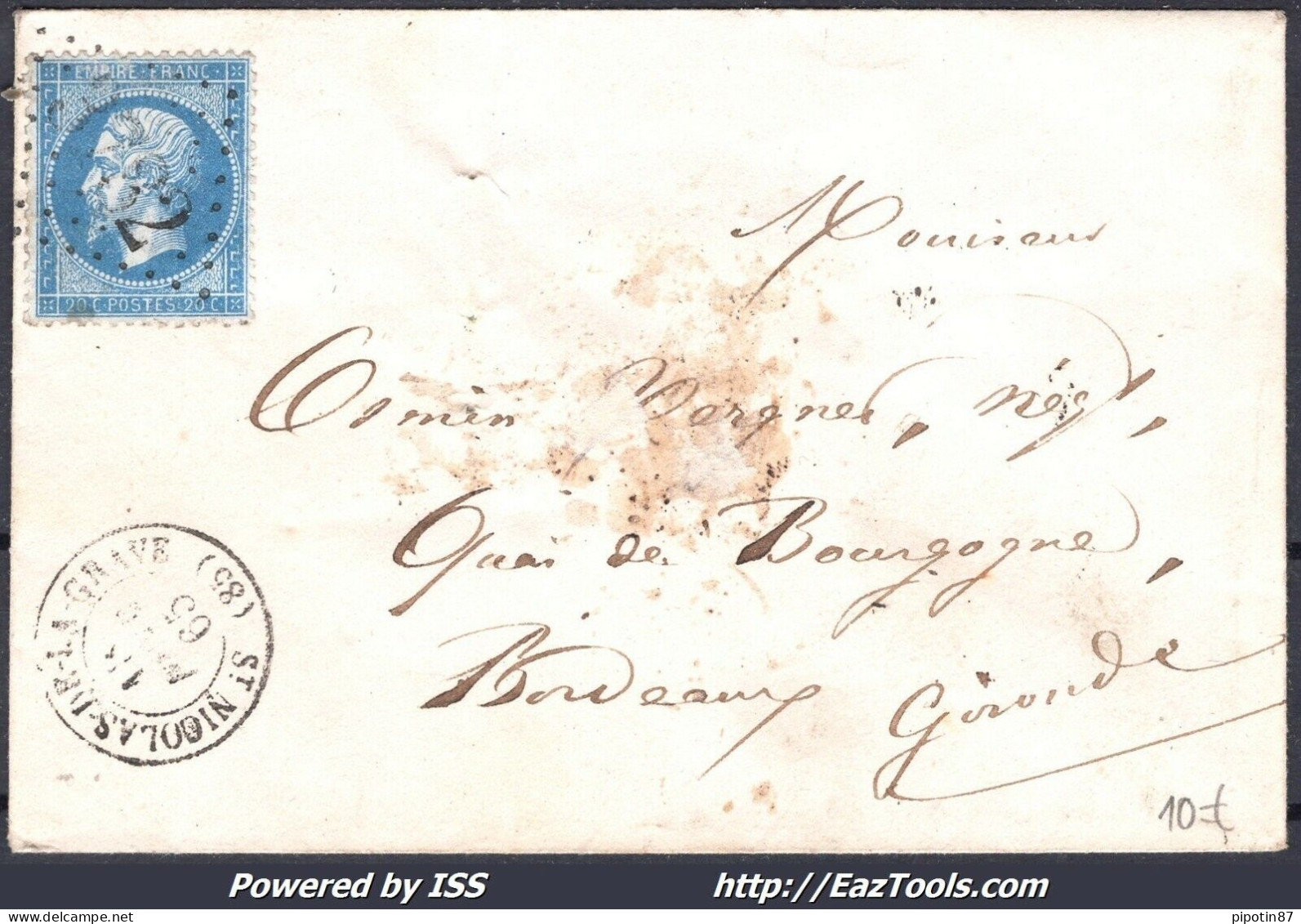 FRANCE N°22 SUR LETTRE GC 3782 ST NICOLAS DE LA GRAVE TARN & GARONNE 18/02/1865 - 1862 Napoleon III