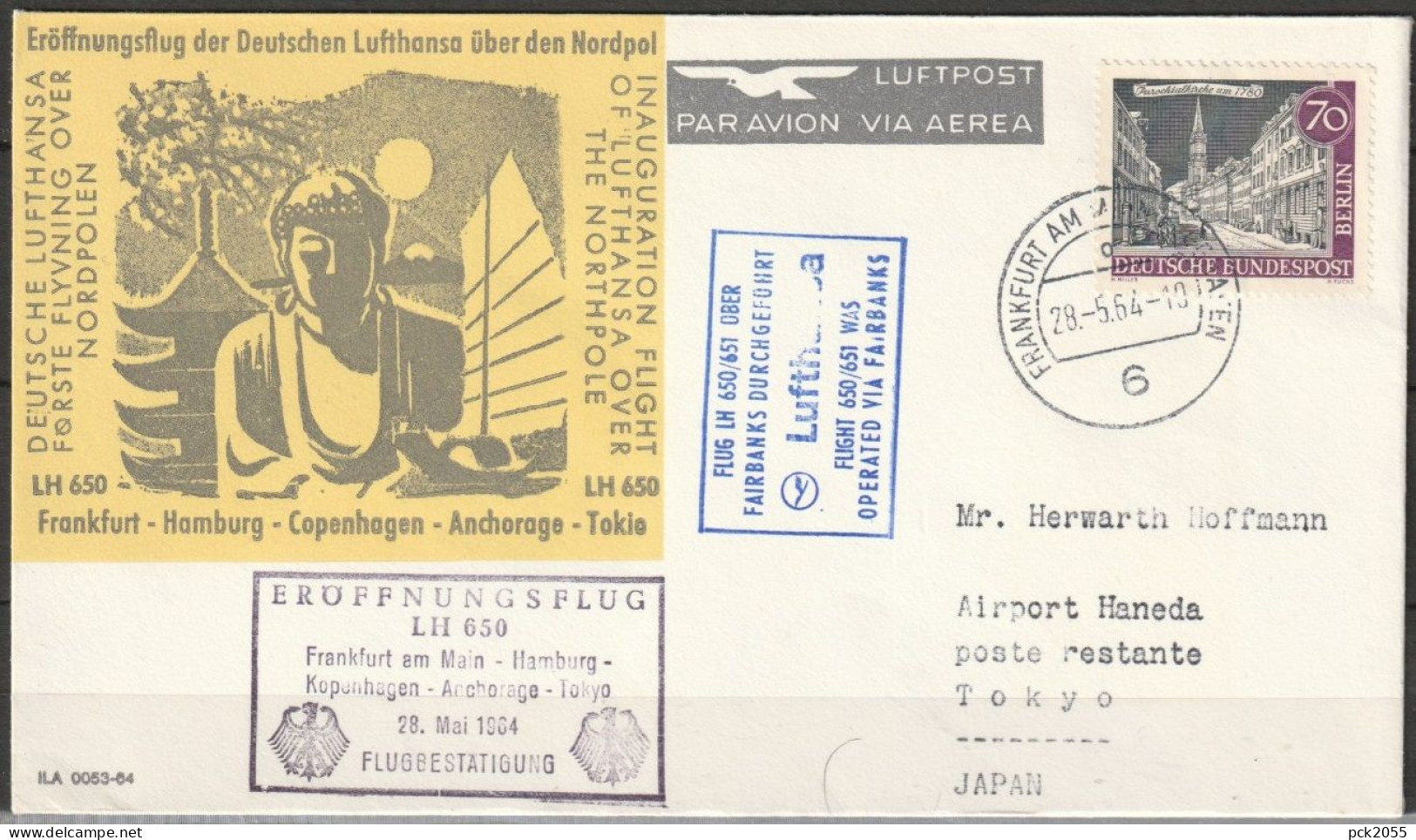 BRD Flugpost /Erstflug Boeing 707  LH 650 Frankfurt - Tokio  28.5.1964 Ankunftstempel 29.5.64 (FP 254 ) - Premiers Vols