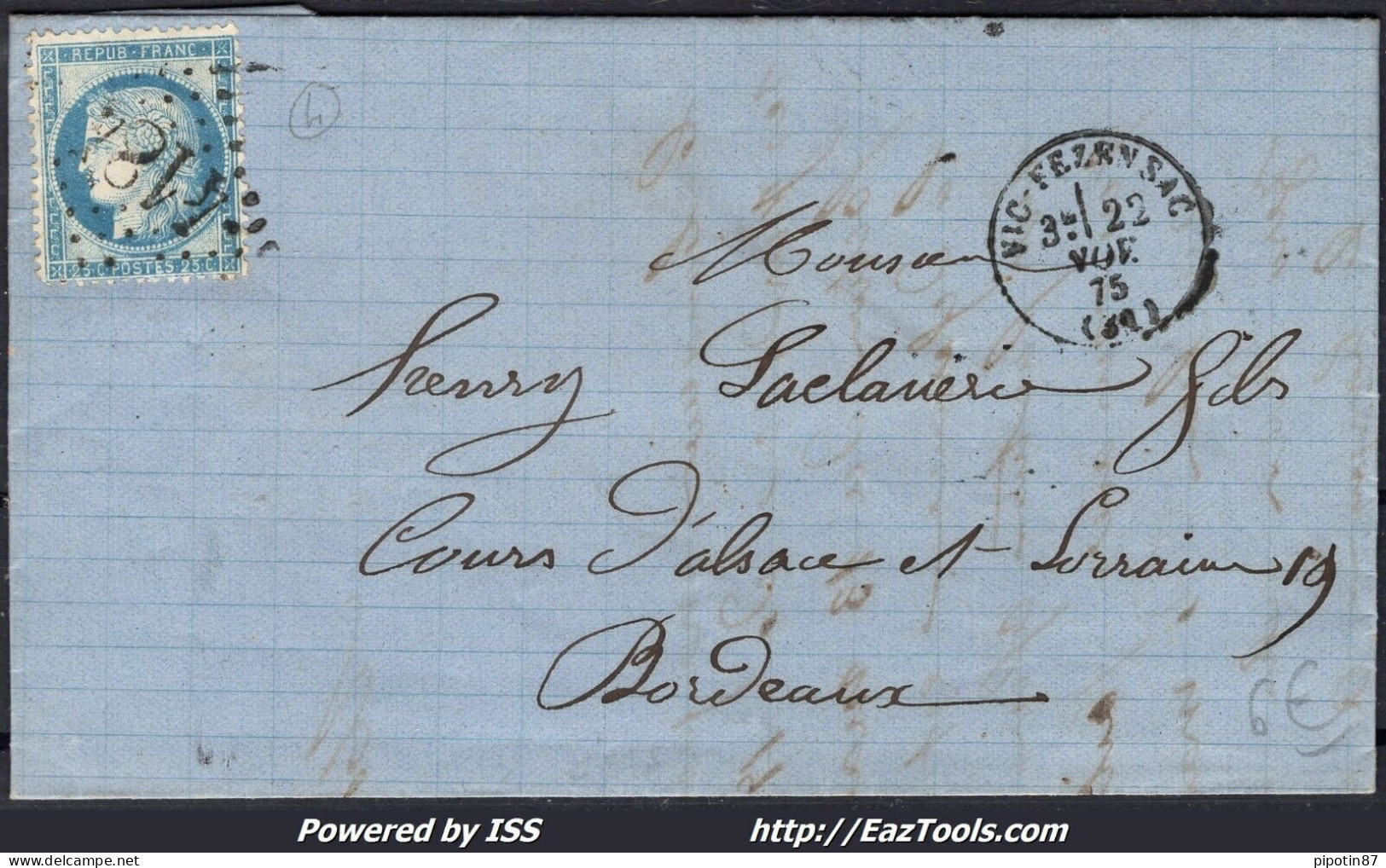 FRANCE N°60C SUR LETTRE GC 4184 VIC FÉZENSAC GERS + CAD DU 22/11/1875 - 1871-1875 Cérès