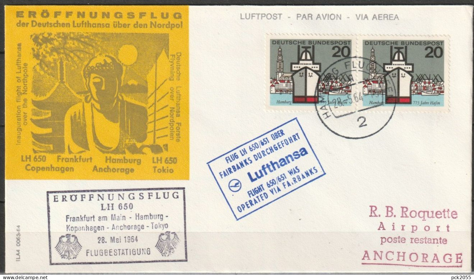 BRD Flugpost /Erstflug Boeing 707  LH 650 Hamburg - Fairbanks  28.5.1964 Ankunftstempel  (FP 255 ) - Eerste Vluchten