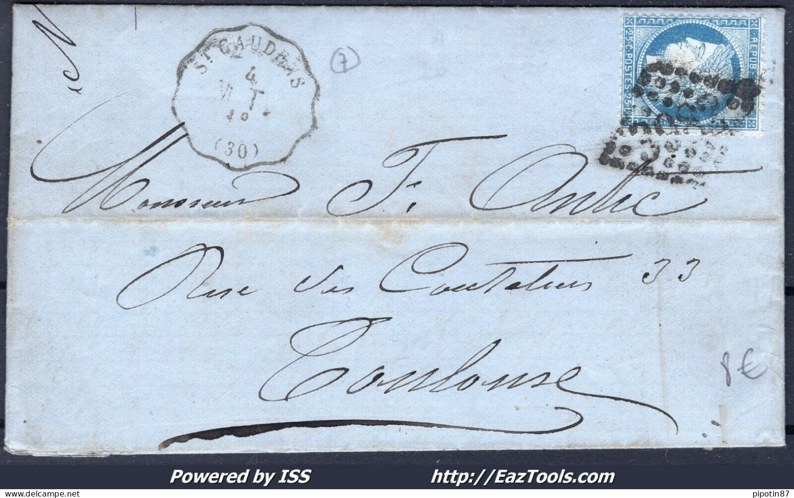 FRANCE N°60A SUR LETTRE GC 3982 TOULOUSE + CONVOYEUR STATION ST GAUDENS - 1871-1875 Ceres