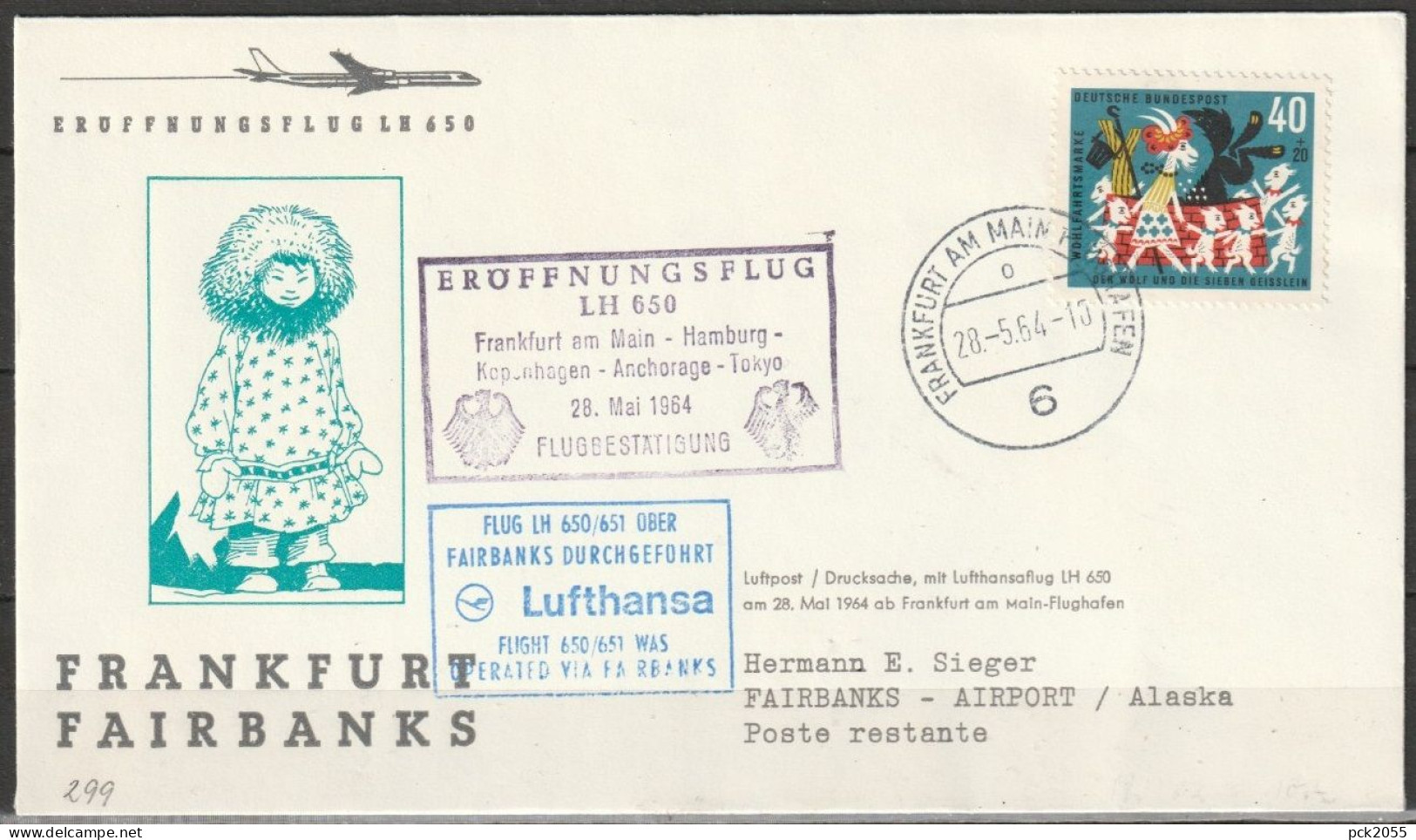 BRD Flugpost /Erstflug Boeing 707  LH 650 Frankfurt - Fairbanks  28.5.1964 Ankunftstempel  (FP 256 ) - Eerste Vluchten