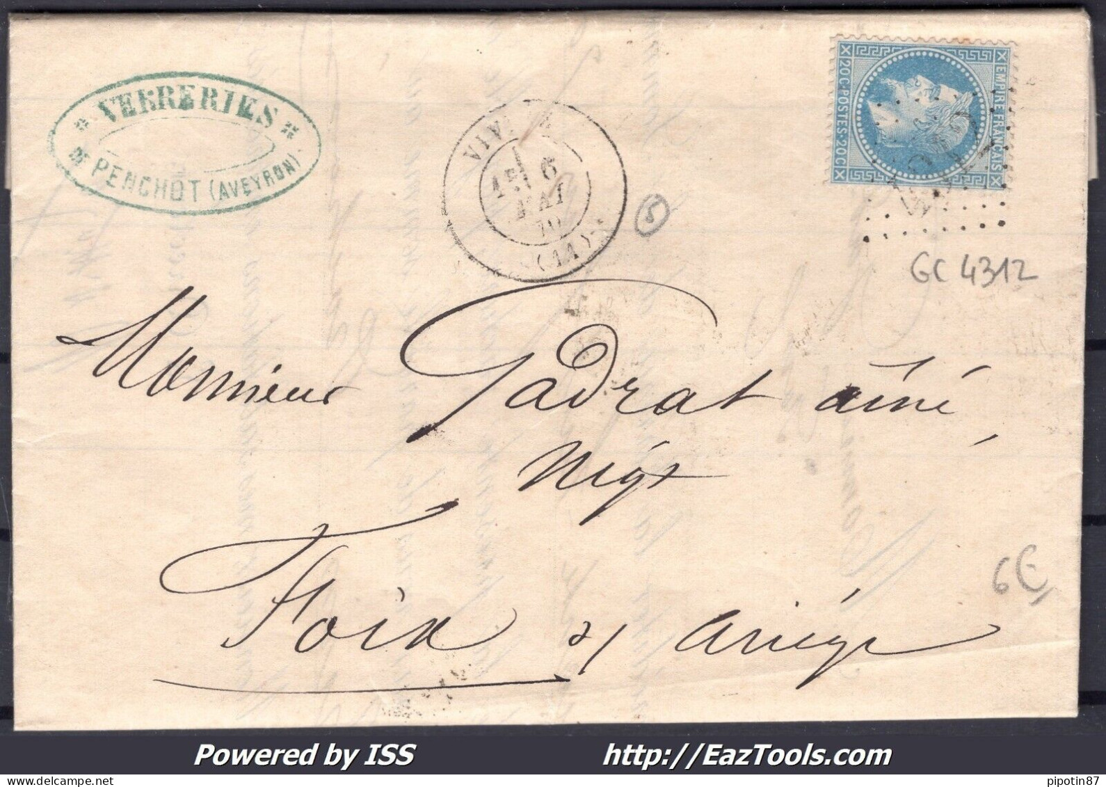 FRANCE N°29B SUR LETTRE GC 4312 VIVIEZ AVEYRON + CAD DU 06/05/1870 - 1863-1870 Napoléon III Con Laureles