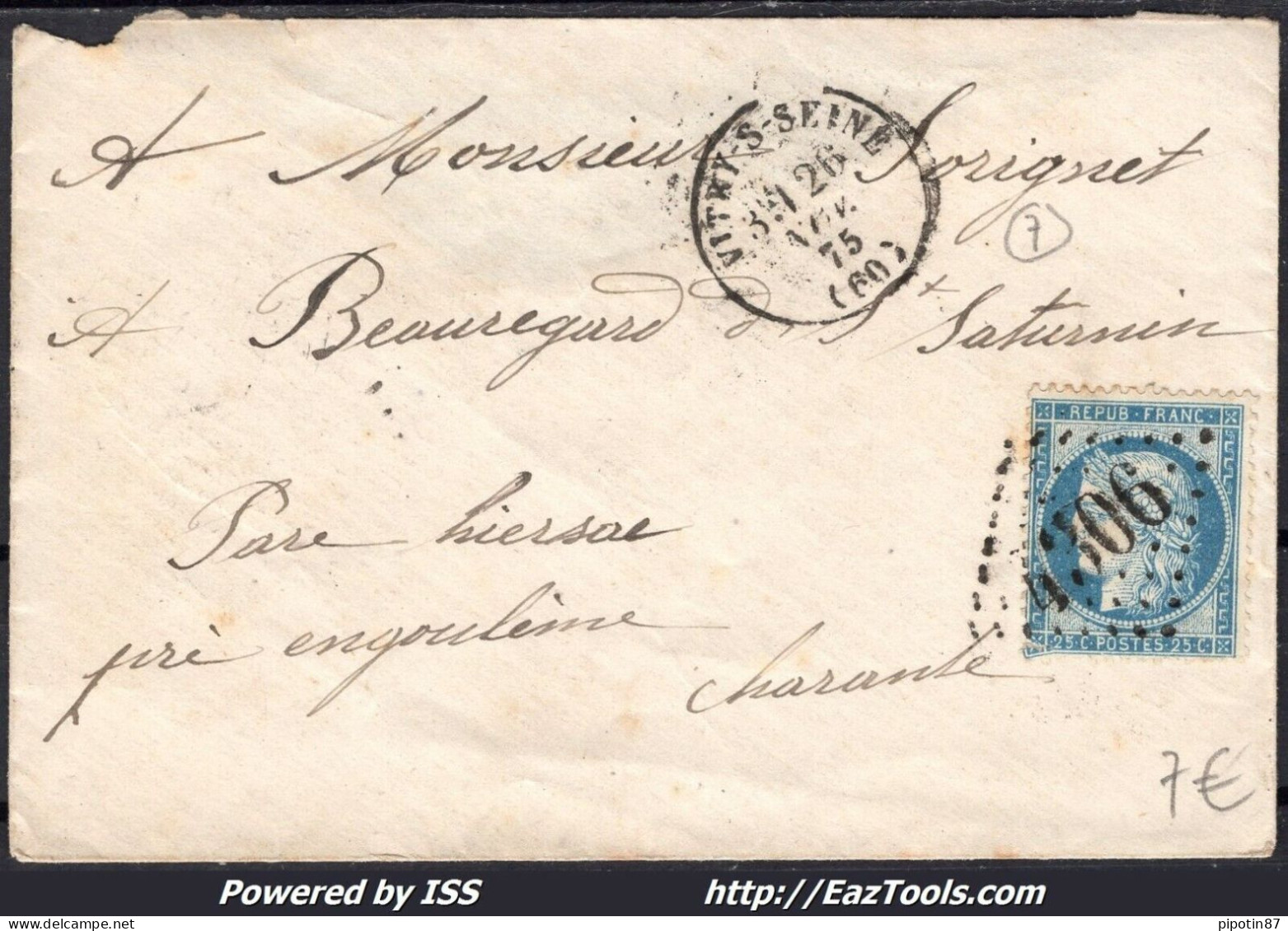 FRANCE N°60C SUR LETTRE GC 4306 VITRY SUR SEINE SEINE + CAD DU 26/11/1875 - 1871-1875 Cérès