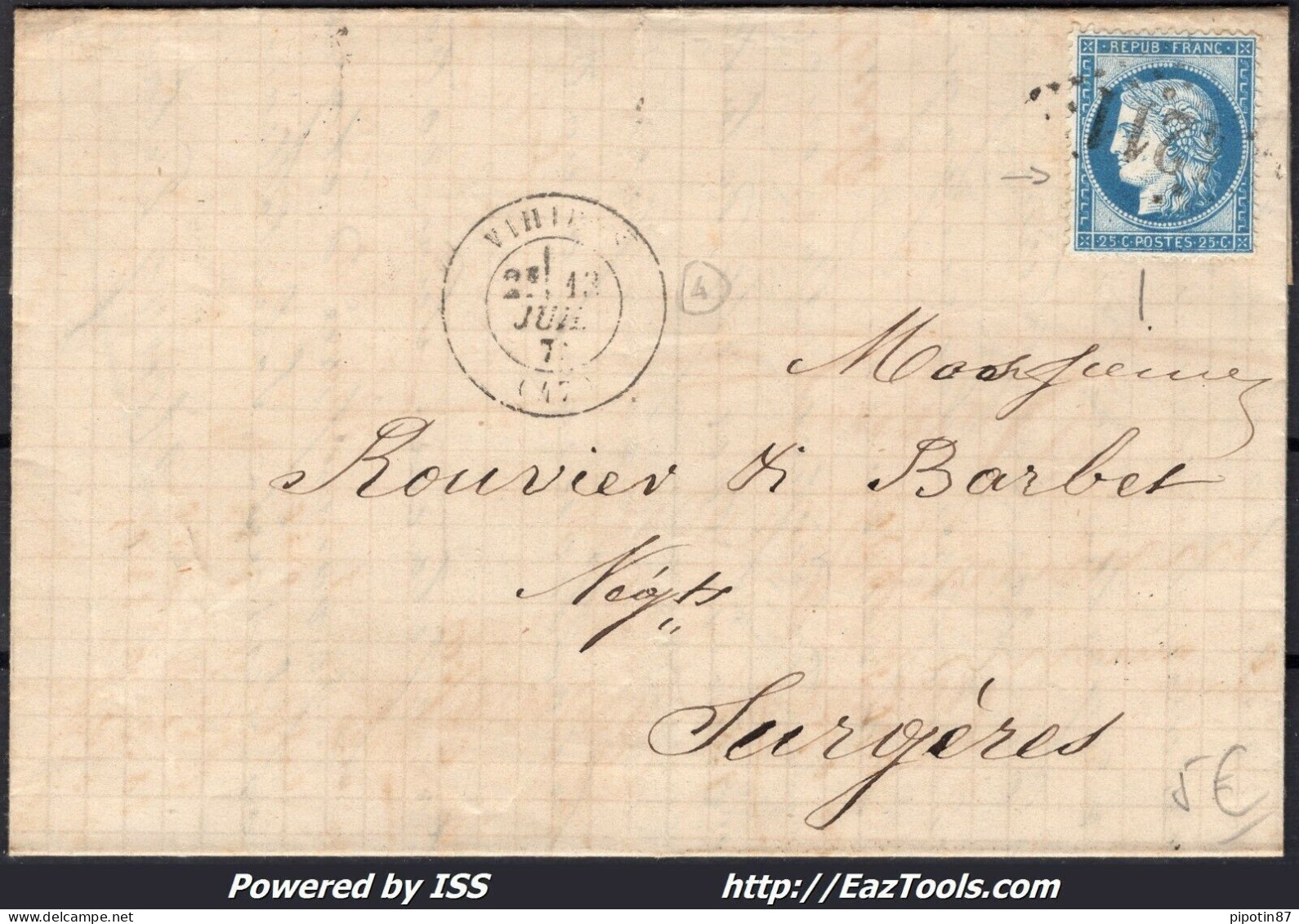 FRANCE N°60A SUR LETTRE GC 4211 VIHIERS MAINE ET LOIRE + CAD DU 13/07/1873 - 1871-1875 Ceres