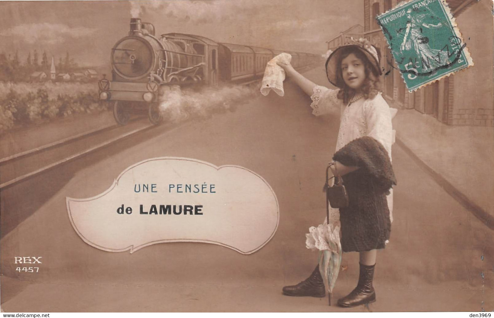 Une Pensée De LAMURE-sur-Azergues (Rhône) - Train Fantaisie - Voyagé 1915 (2 Scans) - Lamure Sur Azergues