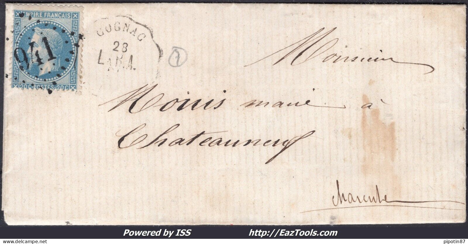 FRANCE N° 29B SUR LETTRE GC 941 + CONVOYEUR STATION COGNAC DU 28/08/1870 - 1863-1870 Napoleon III With Laurels