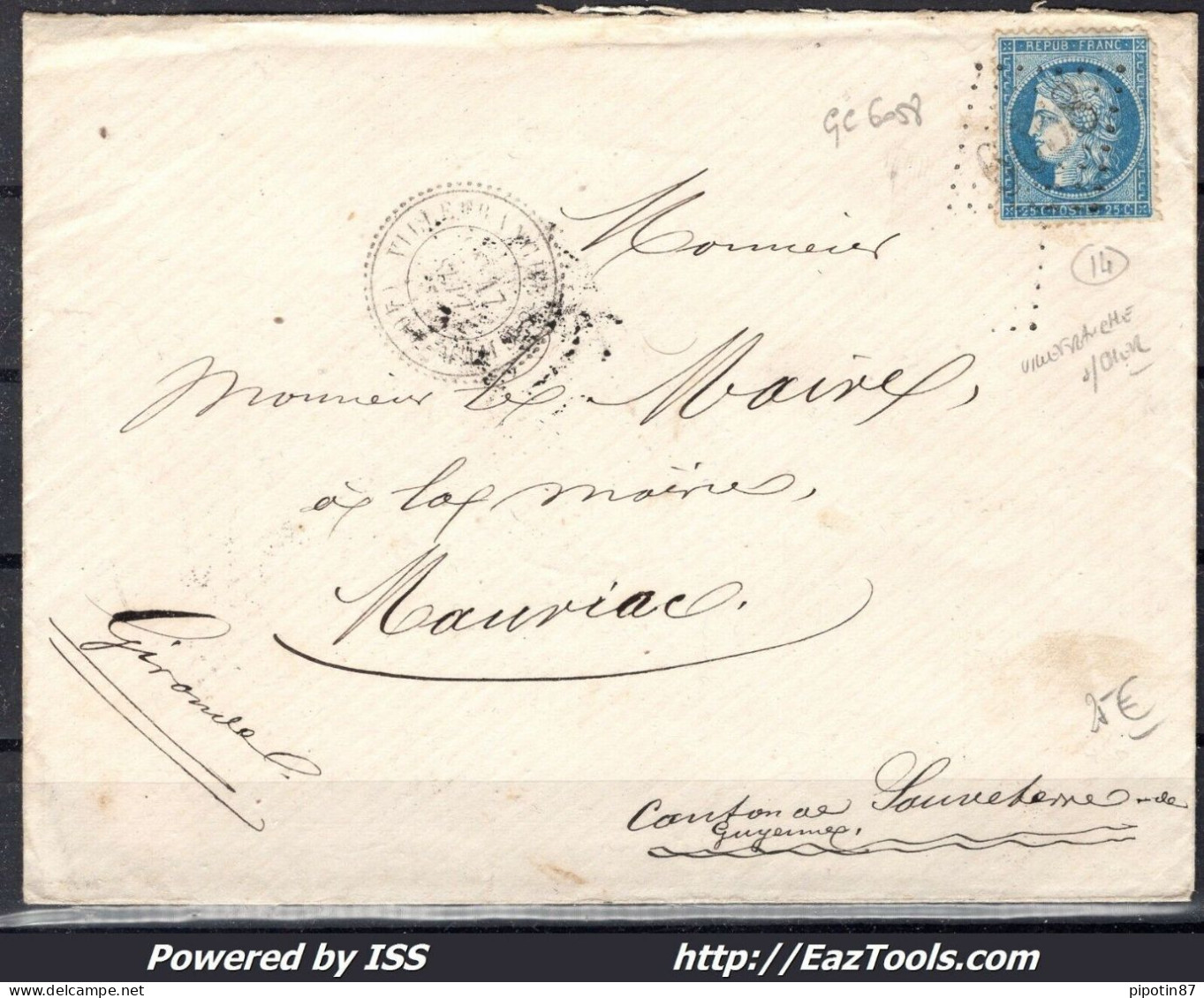 FRANCE N° 60A SUR LETTRE GC 6058 VILLEFRANCHE SUR CHER CHER + CAD DU 17/09/1872 - 1871-1875 Ceres