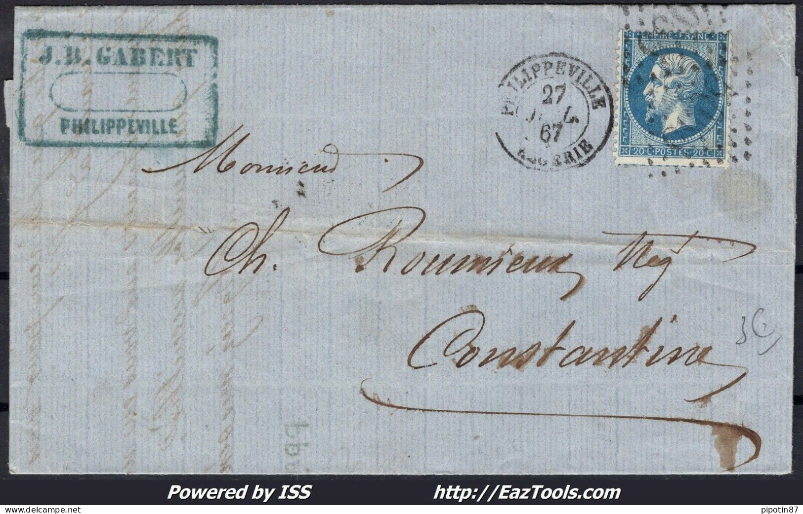 FRANCE N°22 SUR LETTRE POUR CONSTANTINE GC 5055 PHILIPPEVILLE + CAD 27/07/1867 - 1862 Napoléon III.