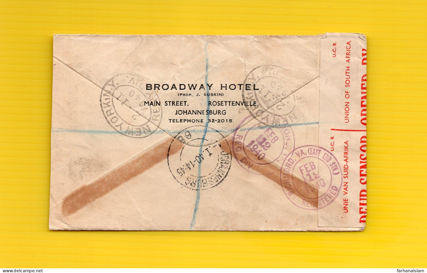 South Africa Suid Afrika Pair 1940 Censor Registered Cover Johannesburg To Virginia USA Via NY Postal History - Luchtpost