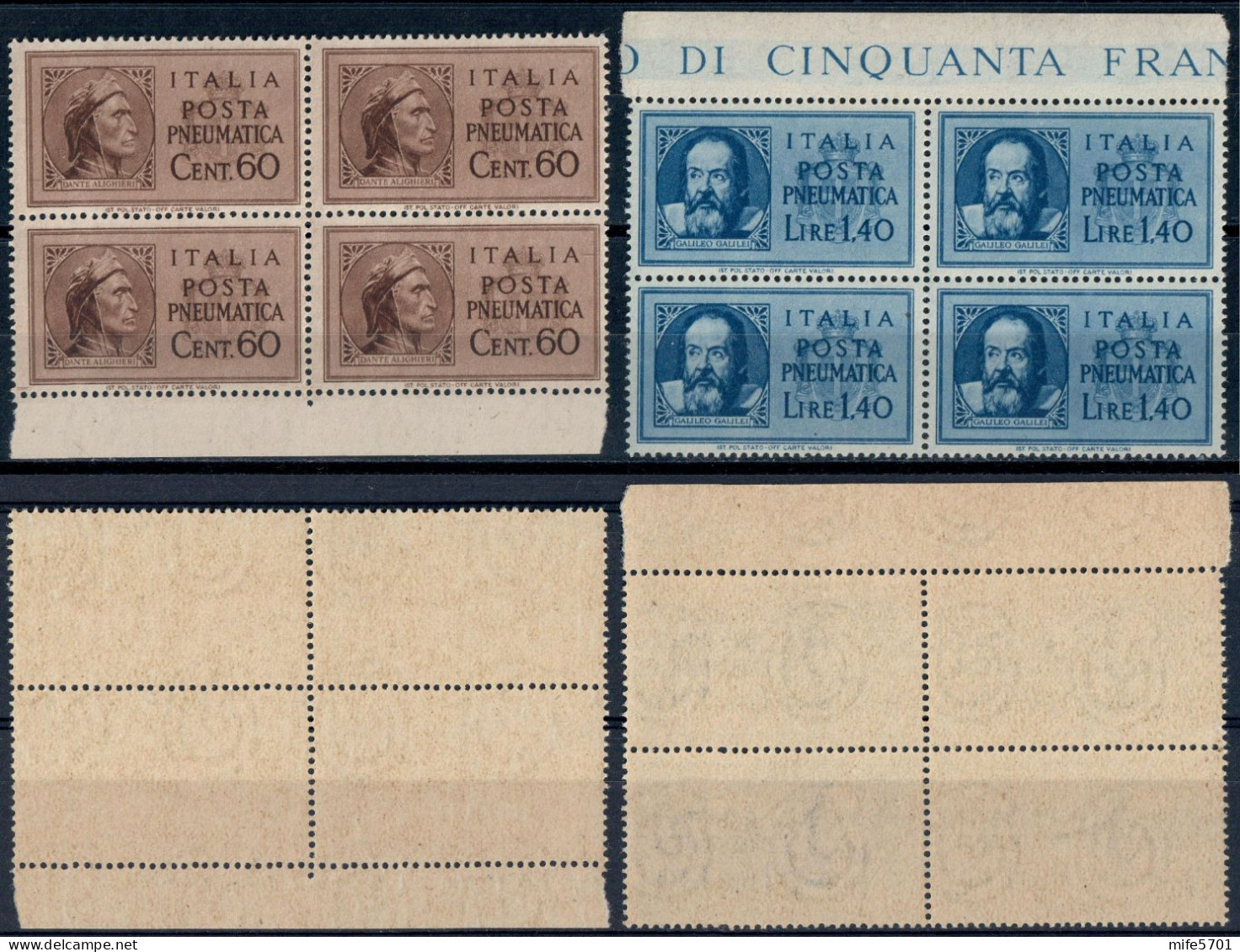 LUOGOTENENZA 1945 POSTA PNEUMATICA QUARTINA DANTE ALIGHIERI C. 60 / GALILEO GALILEI L. 1,40 - MNH SASSONE PN16 / PN17 - Neufs