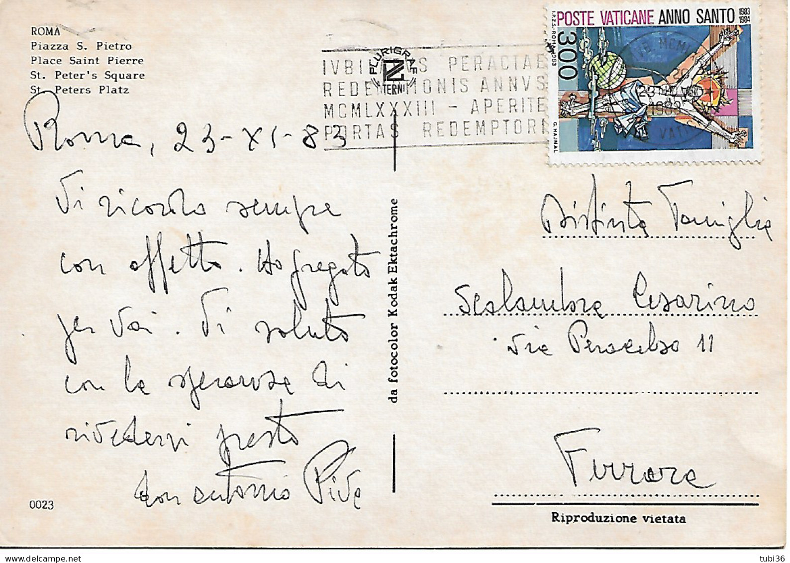 VATICANO - ANNO SANTO 1983 £.300 - ISOLATO SU CARTOLINA  ILL.-1983- TIMBRO POSTE VATICANE -ROMA PIAZZA S. PIETRO Colori - Covers & Documents