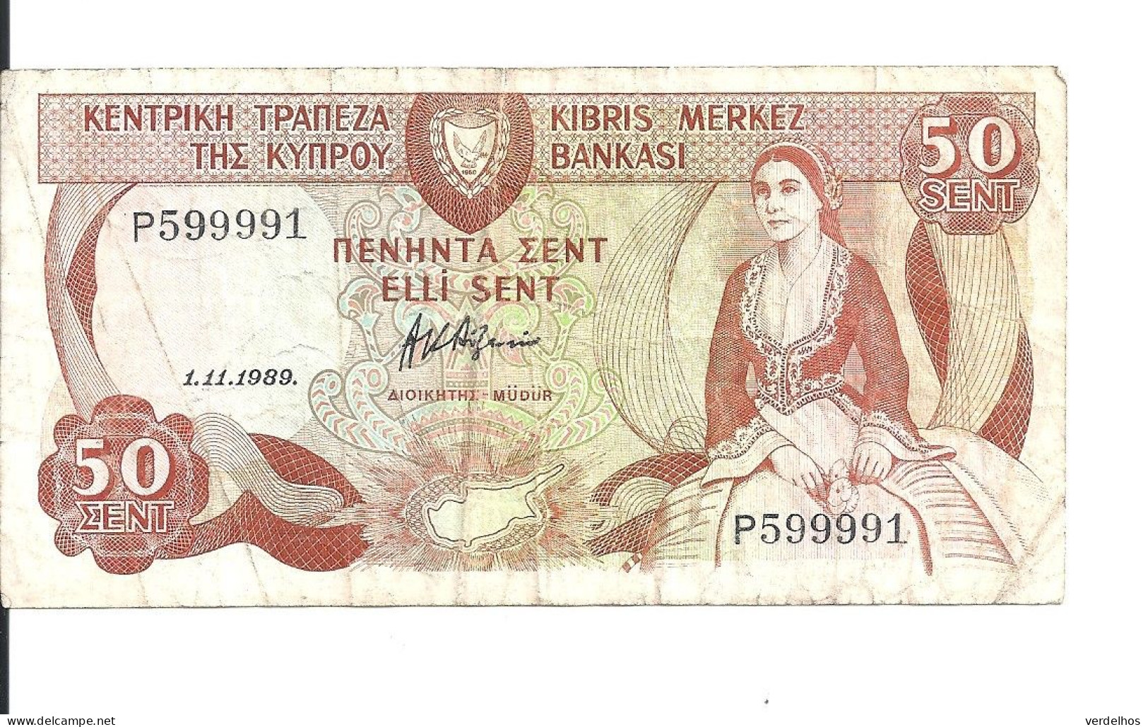 CHYPRE 50 CENTS 1989 VF P 52 - Cyprus