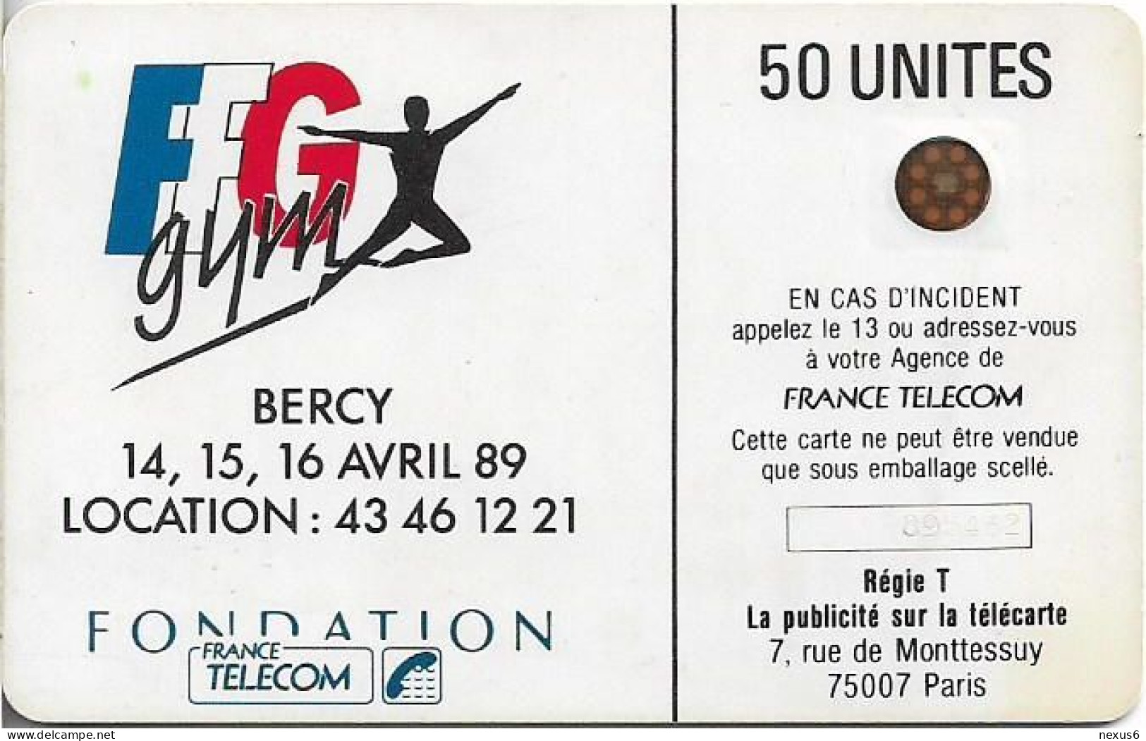 France - 0063.1 - Bercy Femme 3e Internationaux Gymnastique, SC4 GB, Cn. 895452, 03.1989, 50Units, 166.000ex, Used - 1989