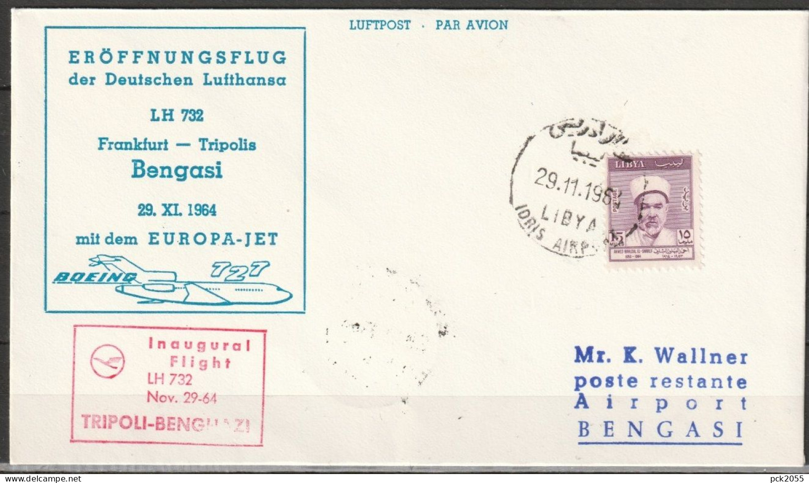 BRD Flugpost /Erstflug Boeing 727  LH 732 Tripolis - Bengasi 29.11.1964 Ankunftstempel 29.11.64 (FP 264 ) - Premiers Vols