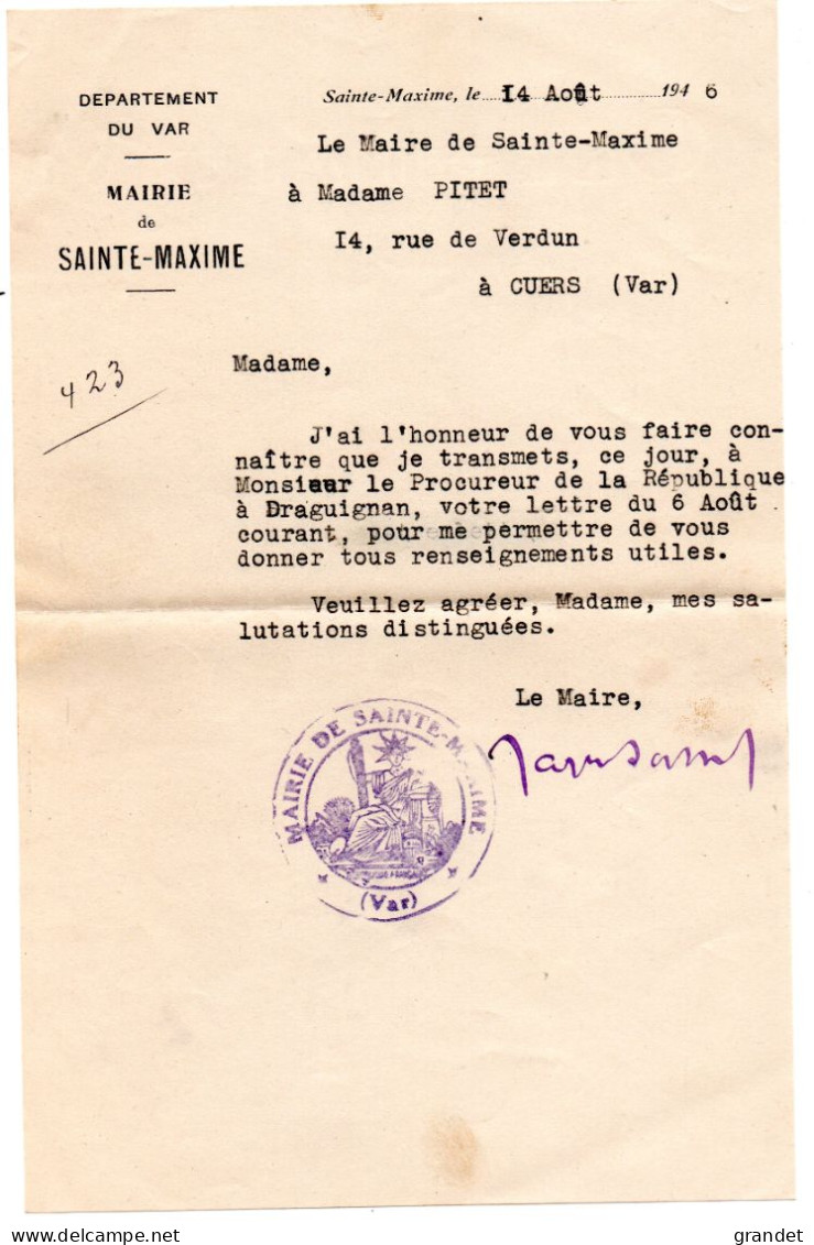 SAINT MAXIME - MAIRIE - 1946 . - Used