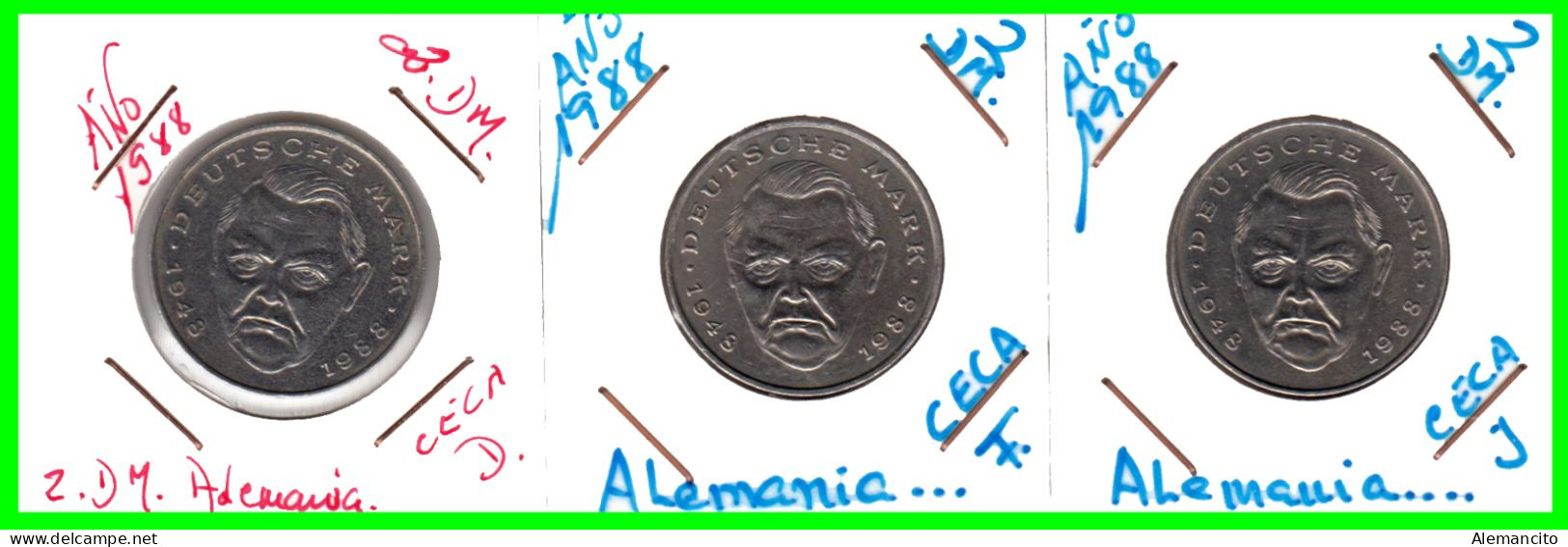 ALEMANIA ( GERMANY ) SERIE 3 MONEDAS DE 2.00 DM AÑO 1988 CECAS - D - F -  J . DE  LUDWIG ERHARD - CONMEMORATIVAS. - 2 Mark