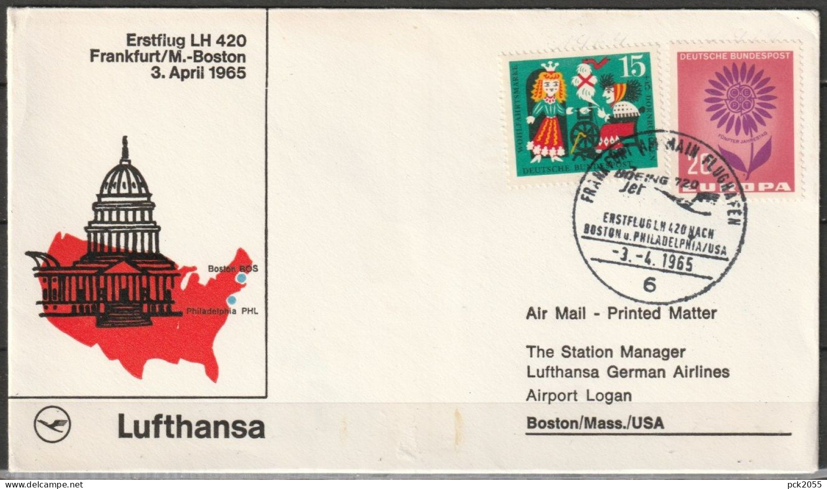 BRD Flugpost /Erstflug Boeing 720B  LH 420 Frankfurt - Boston 3.4.1965 Ankunftstempel 3.4.65 (FP 267 ) - Primeros Vuelos