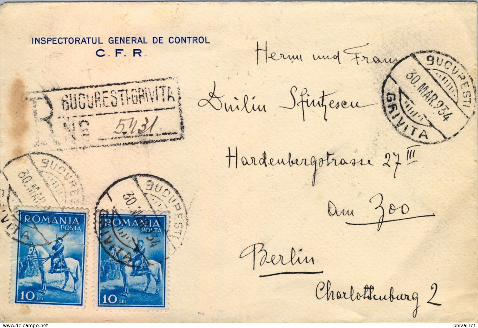 1934 RUMANIA / ROMANIA , SOBRE CERTIFICADO , BUCAREST - GRIVITA / BERLIN , LLEGADA , YV. 439 X 2 , REY CARLOS II - Cartas & Documentos