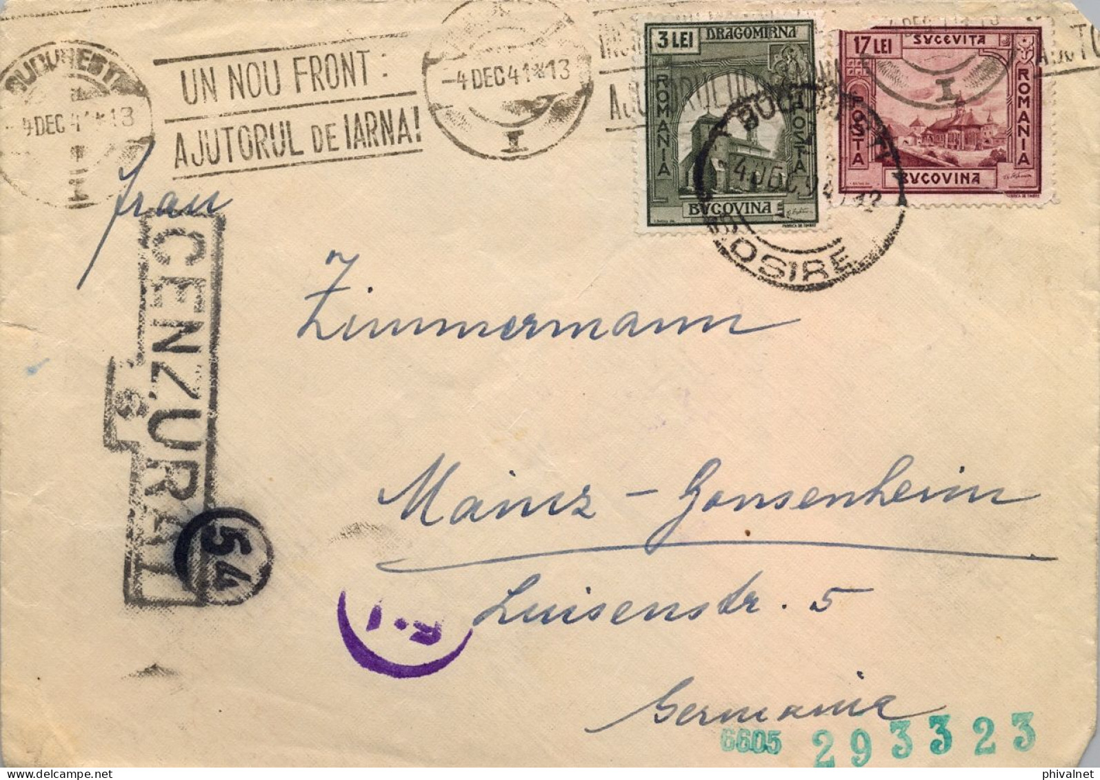 1941 RUMANIA / ROMANIA , SOBRE CIRCULADO , BUCAREST - MAINZ , MARCA DE CENSURA - Lettres & Documents