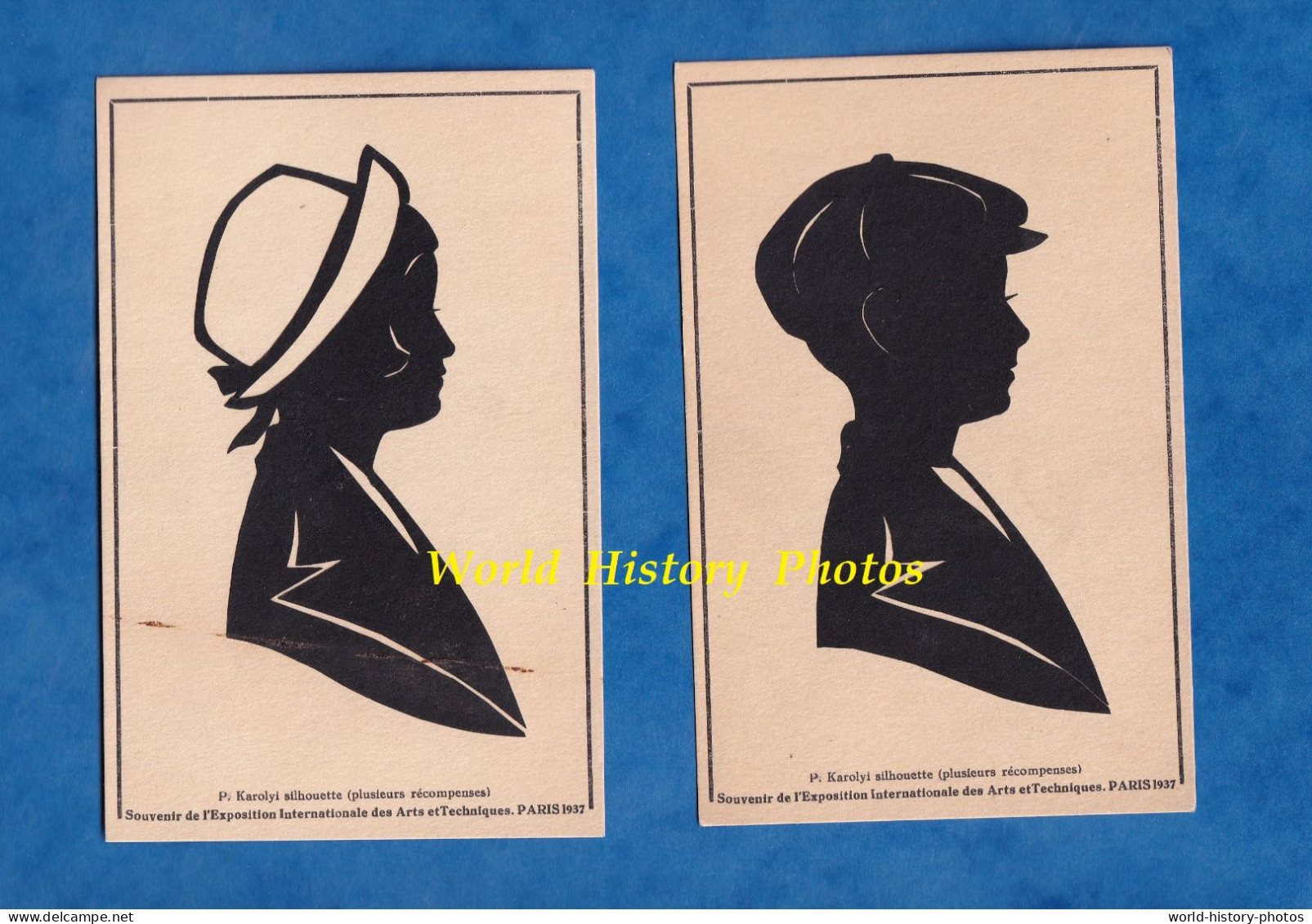 2 Cartes Anciennes - PARIS Expo De 1937 - Portrait De Frère & Soeur - Silhouette Silhouettiste P. Karolyi - Exposition - Silhouettes