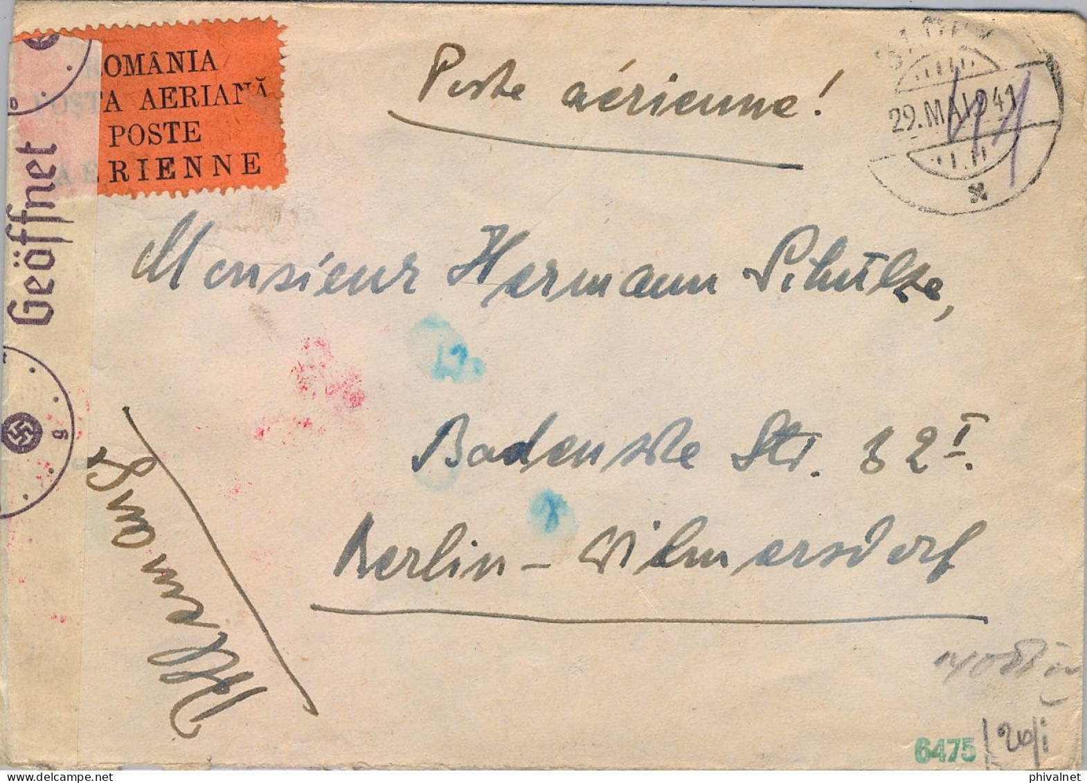 1941 RUMANIA / ROMANIA , SOBRE CIRCULADO , BACAU - BERLIN , CORREO AÉREO , CENSURA , FR. COMPLEMENTARIO - Cartas & Documentos