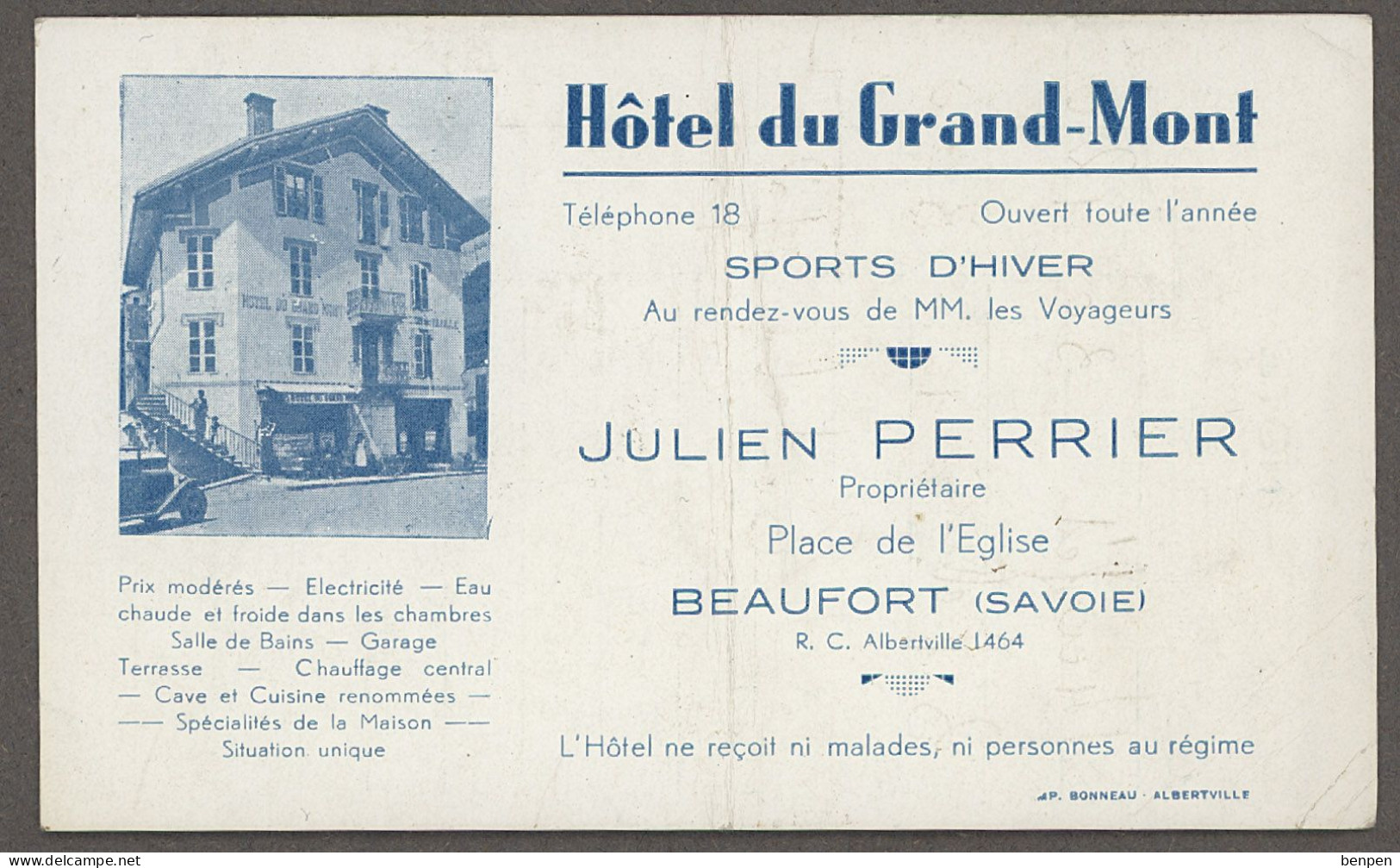 Carte Note Hôtel Du Grand-Mont Beaufort Savoie Place De L'église Julien Perrier Sports D'hiver Bonneau Albertville Ski - Deportes & Turismo