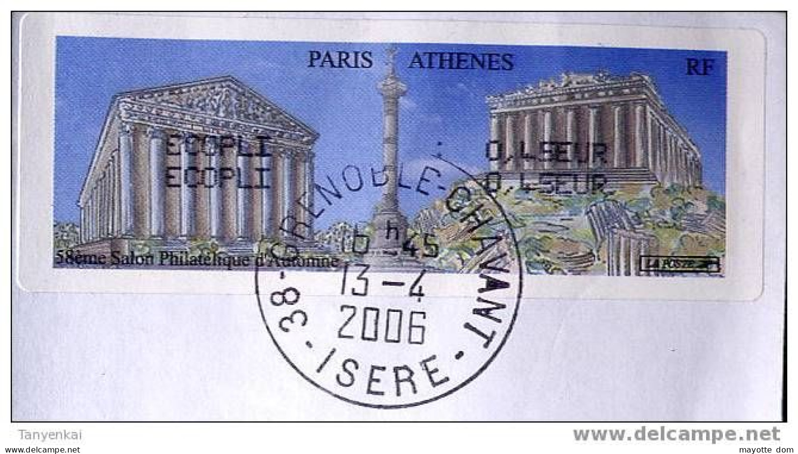 FRANCEVignette LISA Paris Athenes 2004 Ecopli 0,45 Double Sur Lettre Voyagé Cover - 1999-2009 Illustrated Franking Labels