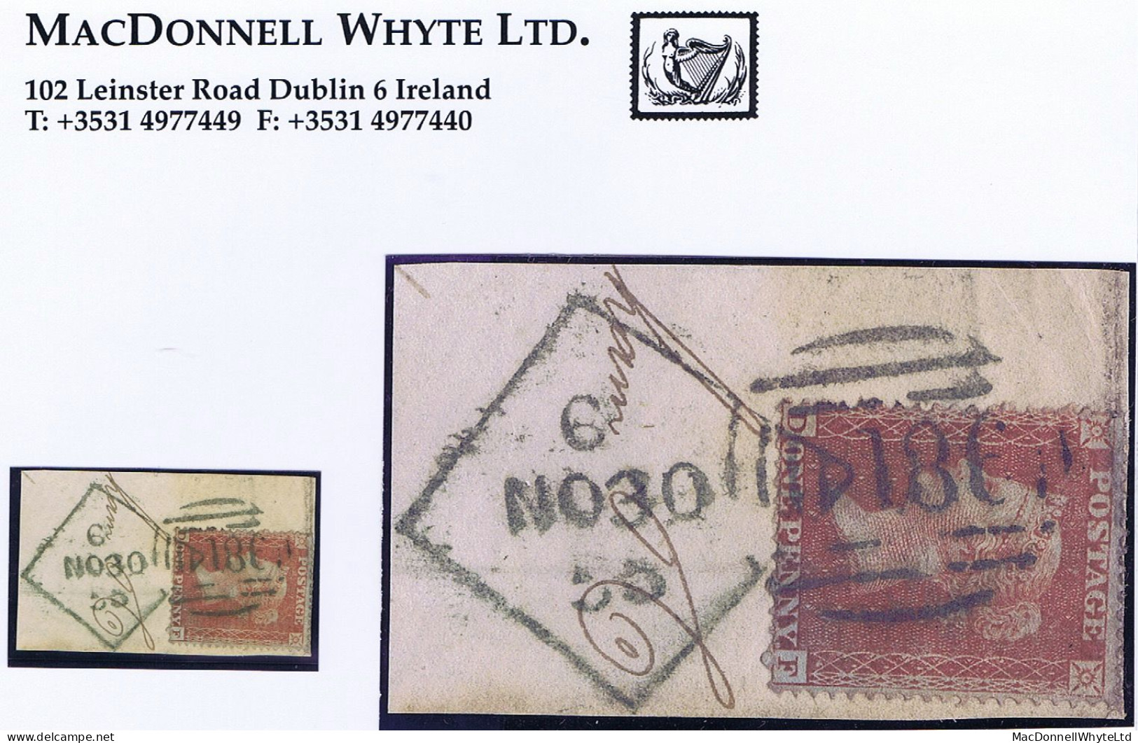 Ireland 1855 LC 16 1d Red Plate 4 DF On Piece Tied Dull Green Dublin "Spoon" No 6 For NO 30 55 - Postal Stationery