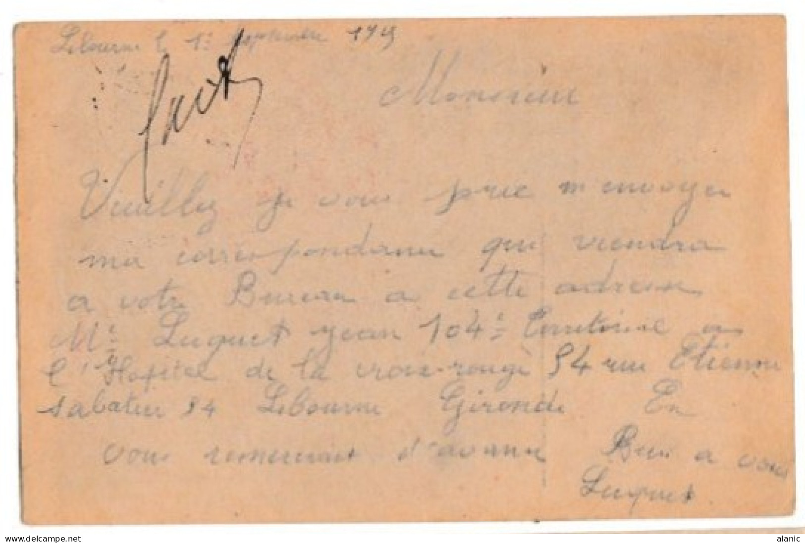 Sur CPA Libourne Beau Cachet Rouge Croix Rouge Française Comité De Libourne 1915 Carte « Correspondance Militaire" - Brieven En Documenten