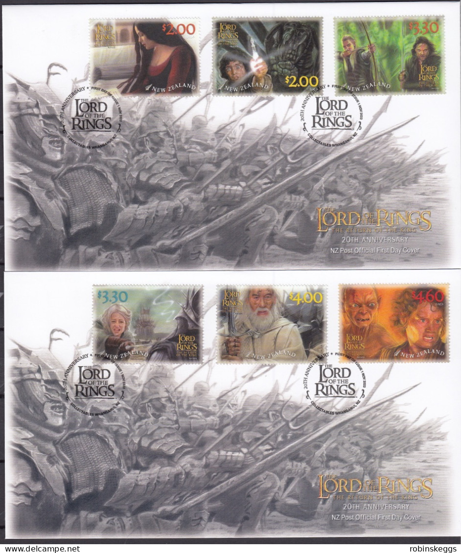 NEW ZEALAND 2023 Lord Of The Rings: King 20th Anniv., Set Of 6 On 2 FDC’s - Vignettes De Fantaisie