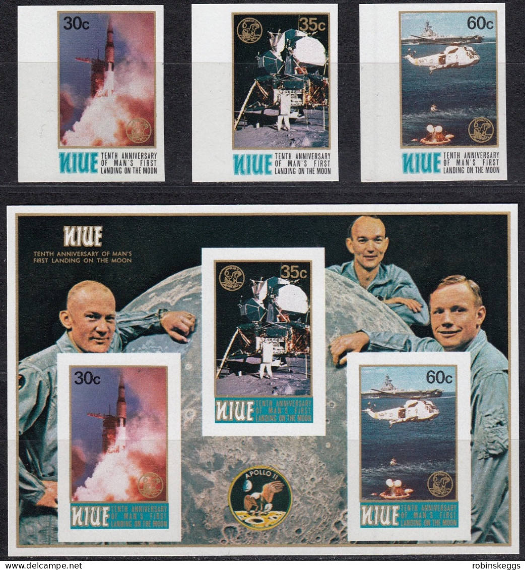 NIUE 1979 First Manned Moon Landing 10th Anniversary, IMPERFORATE Set Of 3 & M/S MNH - Ozeanien
