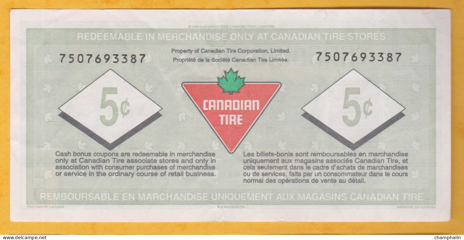 Billet Publicitaire - Canada - Magasins Canadian Tire - Cash Bonus Billet Boni - 5 Cents 1996 - 75 Ans 1997 - Specimen