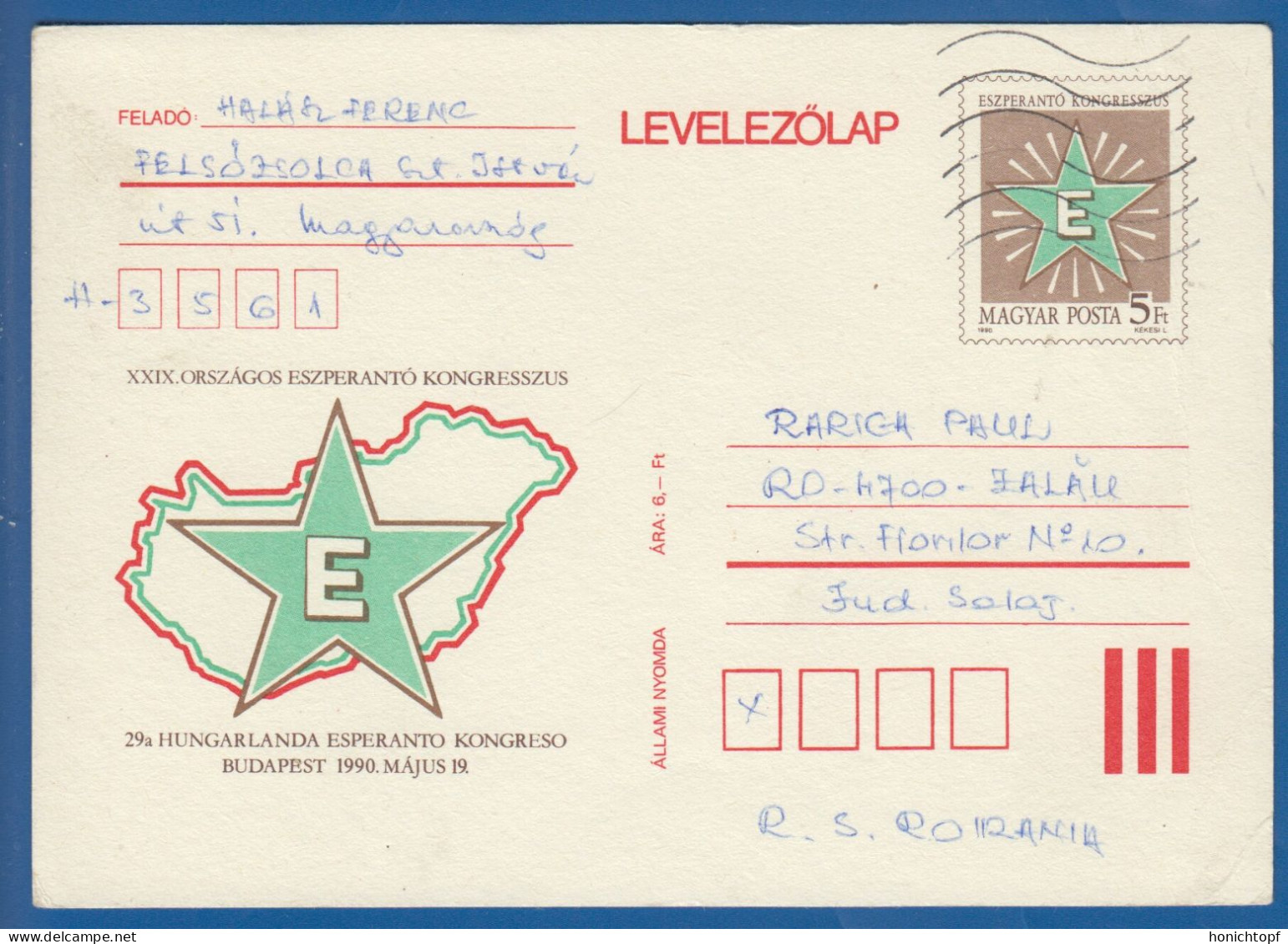 Ungarn; PC Levelezö Lap 5 Ft; 29 Esperanto Kongress; 1990 Budapest - Esperanto