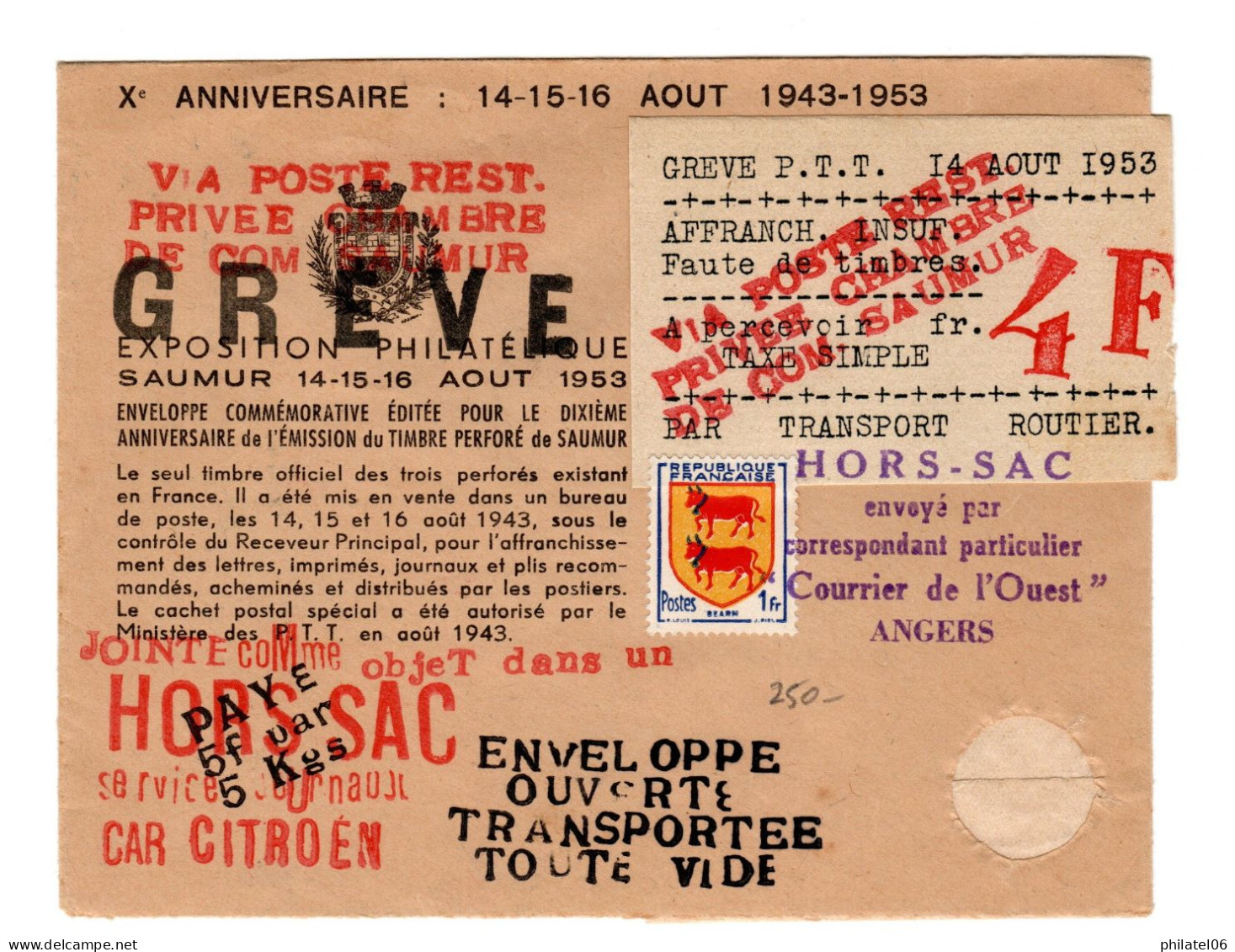 FRANCE  LETTRE GREVE DE SAUMUR  1953 - Documentos