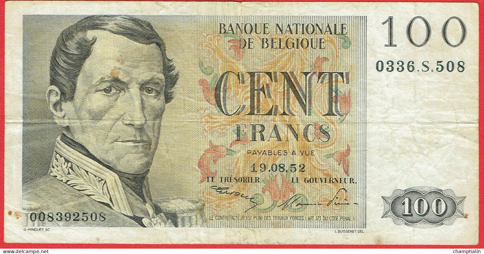 Belgique - Billet De 100 Francs - Léopold Ier - 19 Août 1952 - P129a - 100 Francos